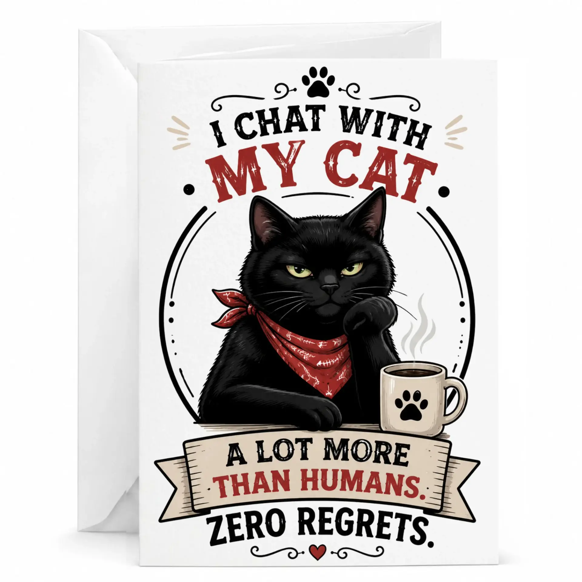 Funny Cat Greeting Card I Chat with My a Lot More Than Humans Regrets for Pet Lovers 5x7 Inches