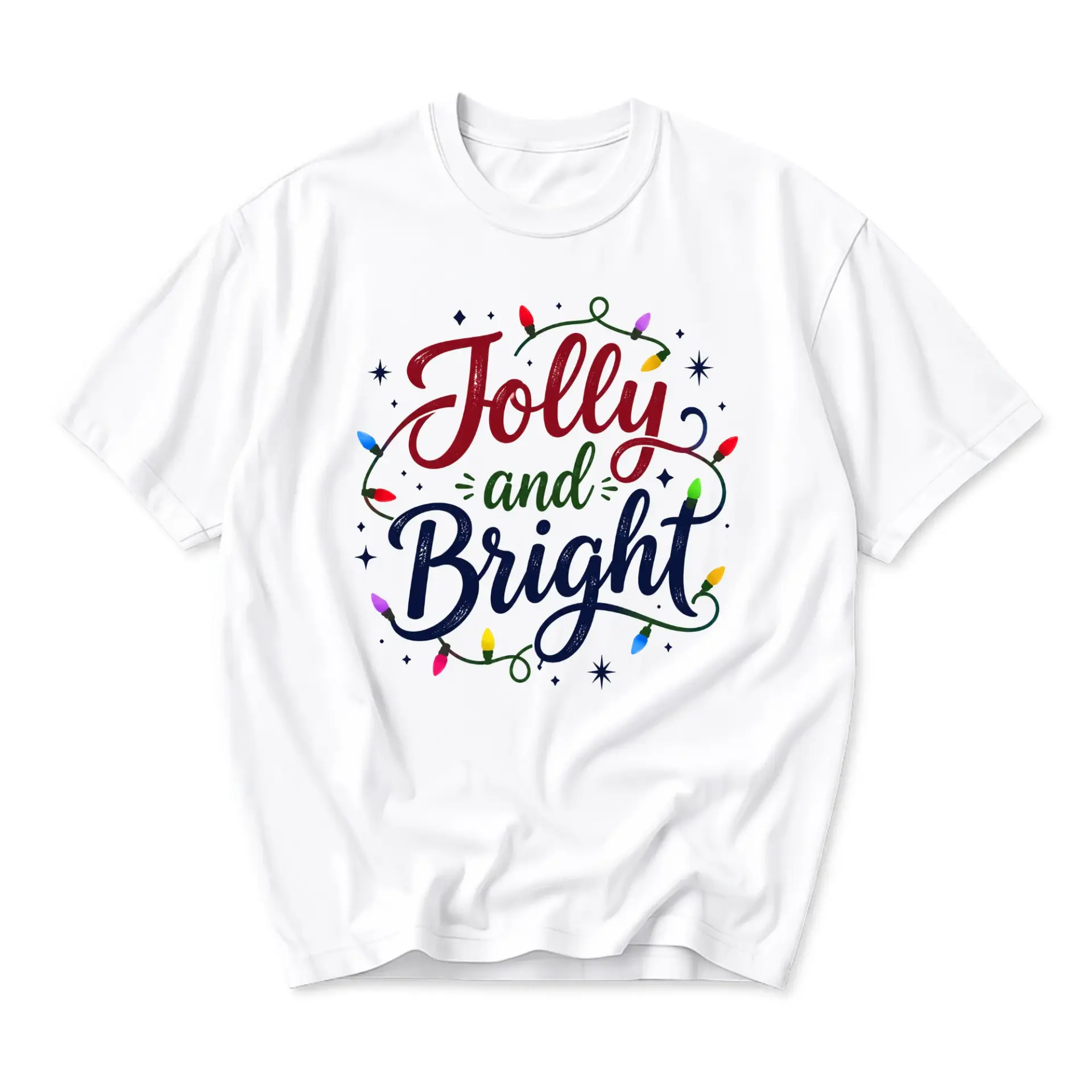 Jolly and Bright Graphic Printed T-Shirt Festive Holiday Season Crew Neck