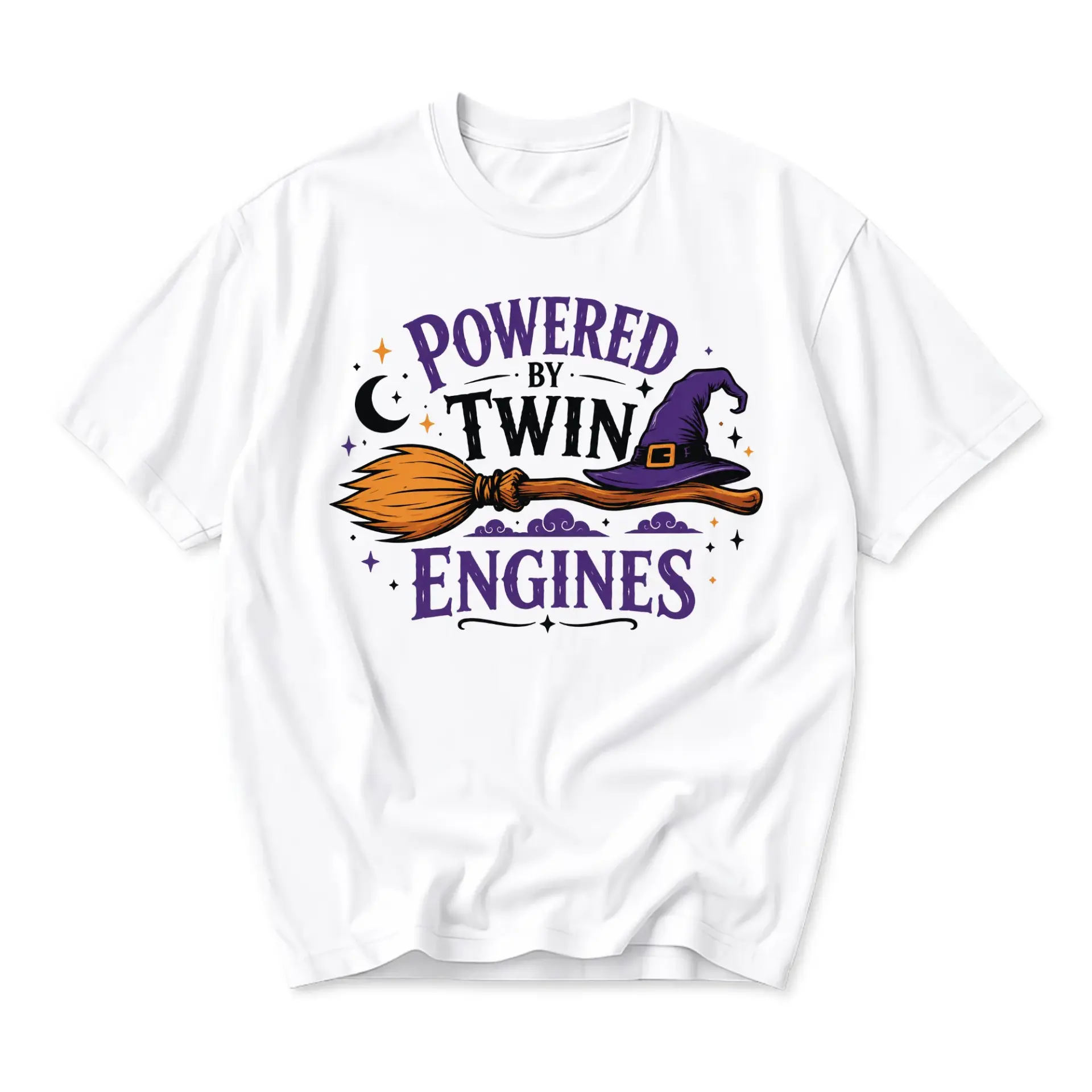 Funny Shirt Powered by Twin Engines Witch Broom Graphic Tee Unisex Crew Neck Short Sleeve Casual Cotton Blend Top