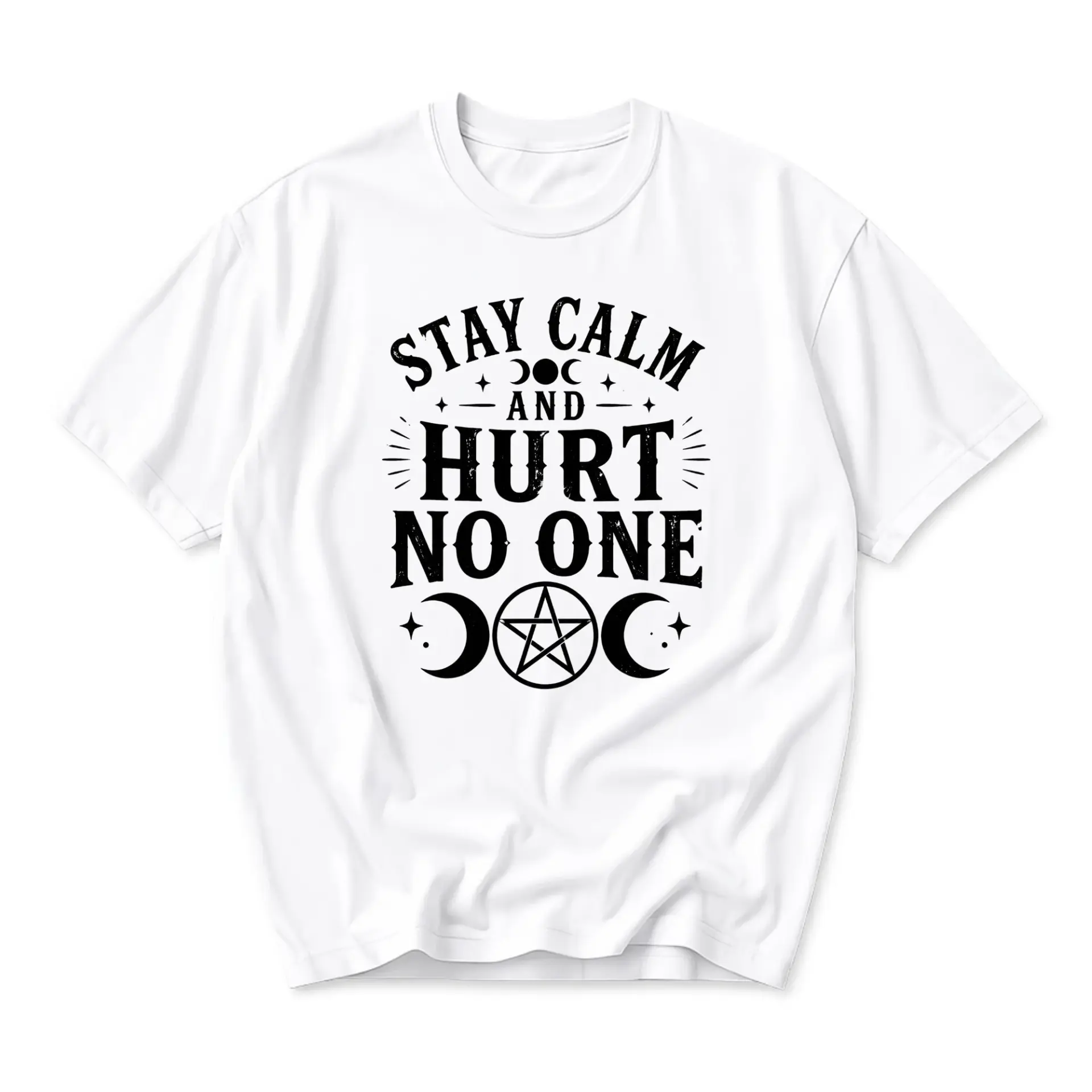 Funny Shirt Stay Calm and Hurt No One Graphic Tee Celestial Aesthetic Moon Phase Pentagram Print Unisex Cotton Top