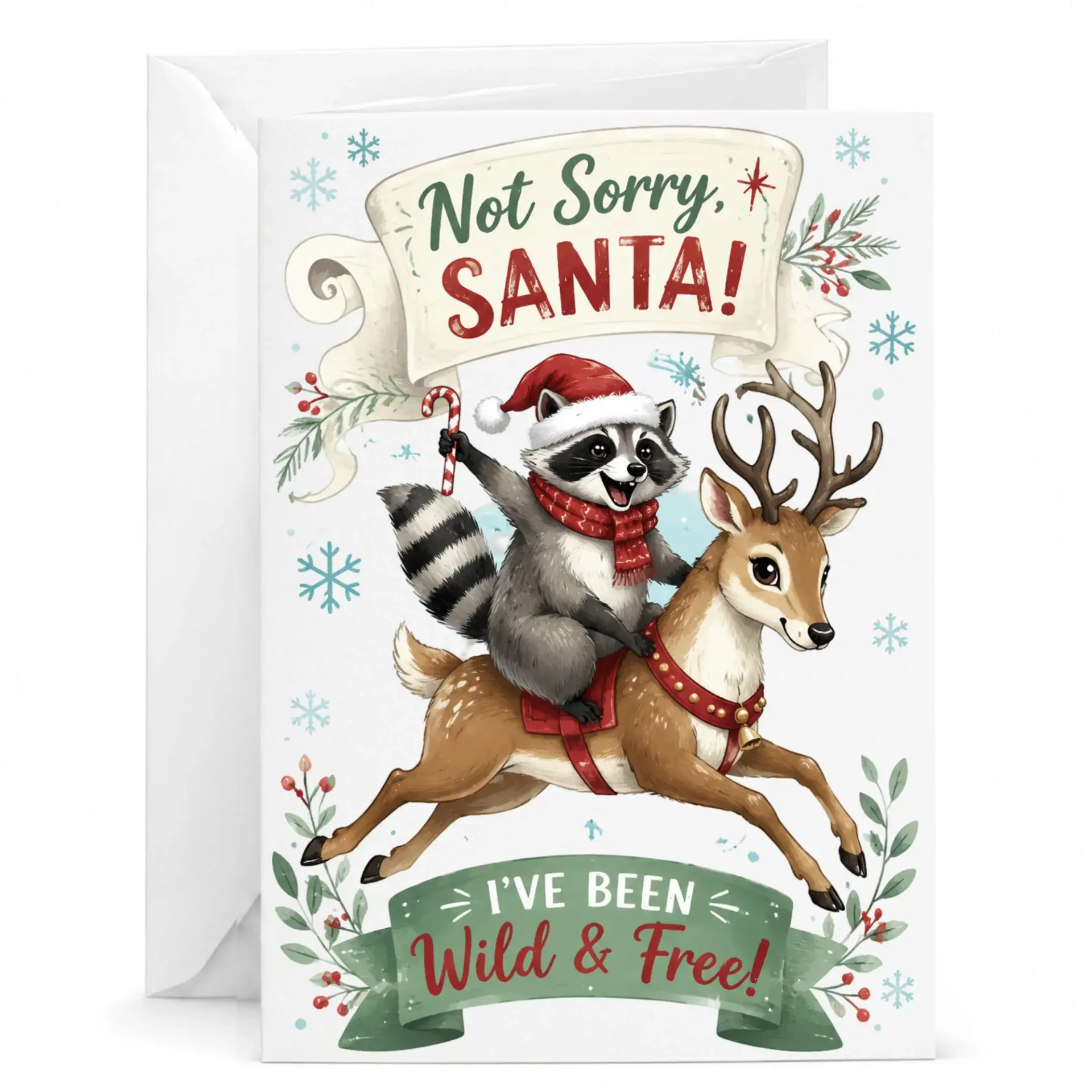 Funny Christmas Greeting Card Raccoon Riding Reindeer Holiday Card with Envelope Festive Seasonal Winter Stationery