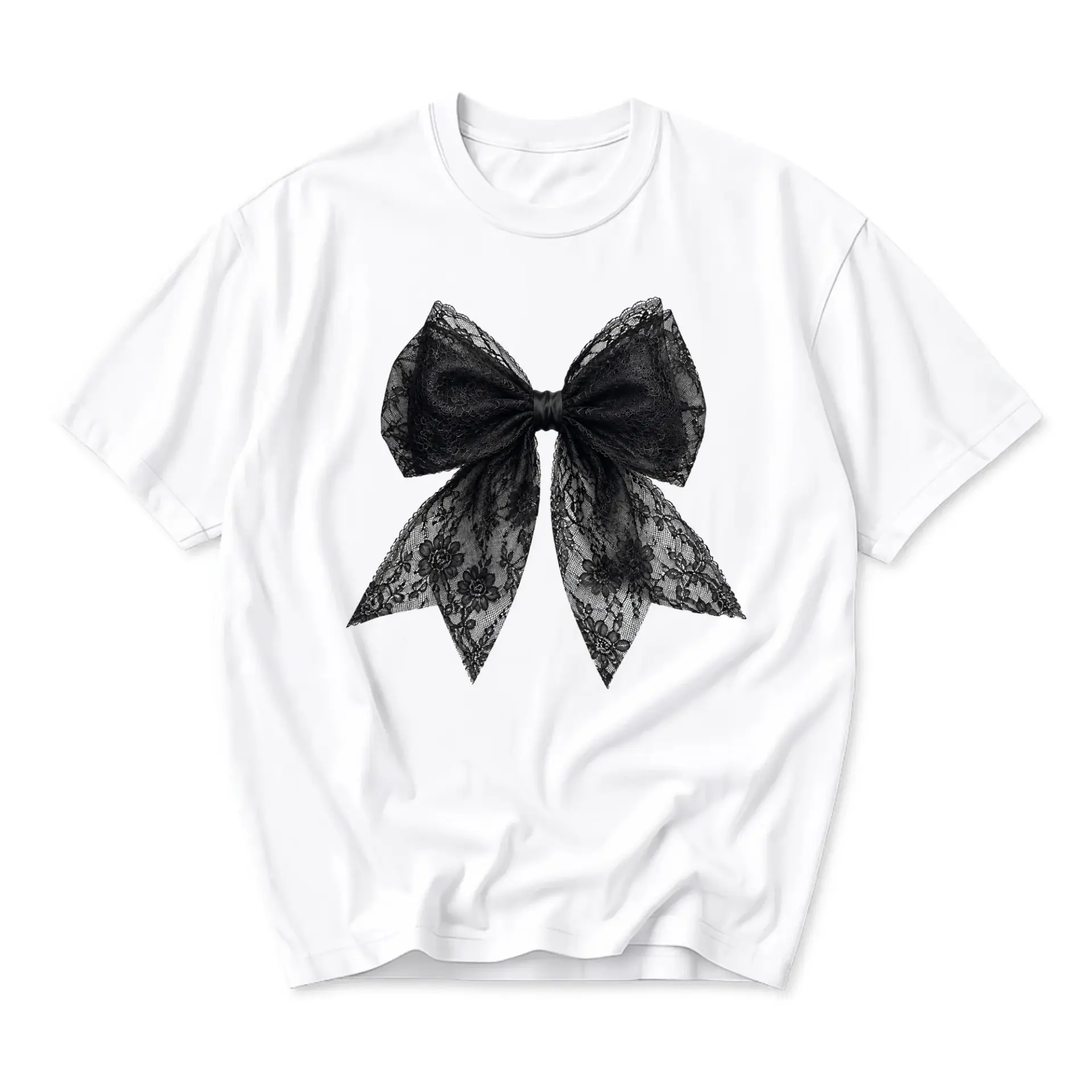 Graphic Tee Black Lace Bow Print Unisex Casual Crew Neck T-Shirt Soft Cotton Blend Everyday Summer Fashion Top