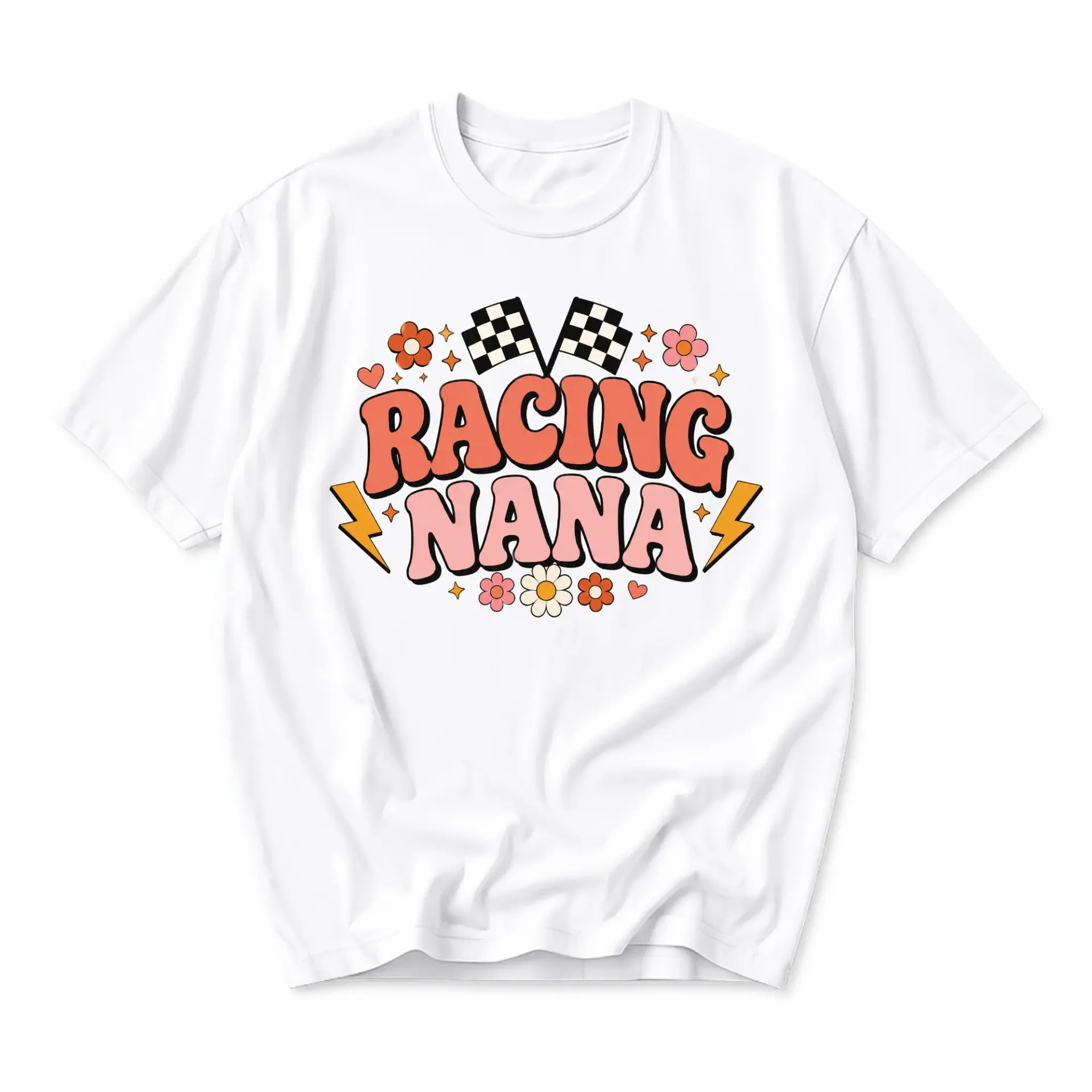 Funny Shirt Racing Nana Graphic Tee Retro Floral Checkered Flag Design Casual Unisex Cotton Crew Neck Top for Adults