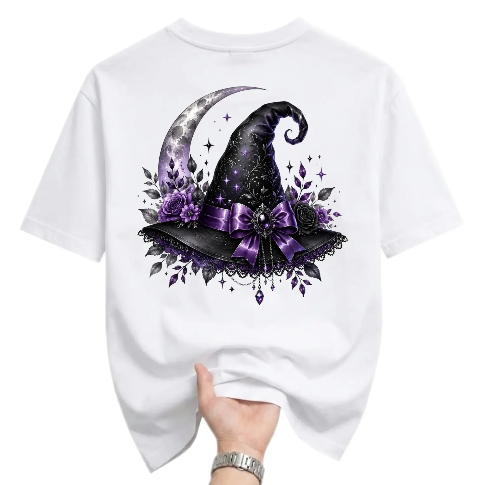 Graphic Tee Witch Hat and Crescent Moon Print Unisex Crew Neck Casual Everyday Wear Soft Cotton Blend T-Shirt