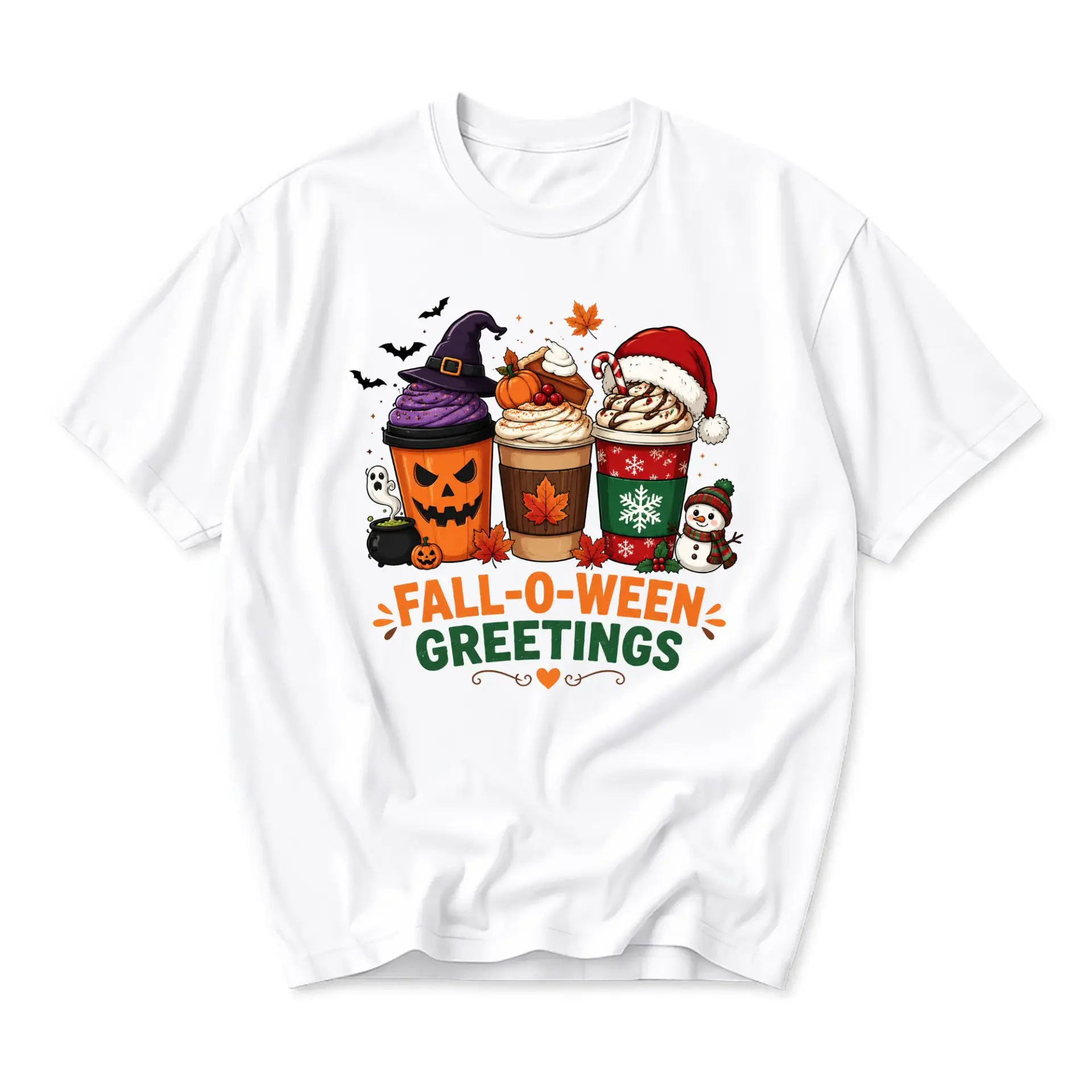 Graphic Tee Fall-O-Ween Greetings Seasonal Coffee Cups Unisex Shirt Halloween Thanksgiving Christmas Holiday Apparel
