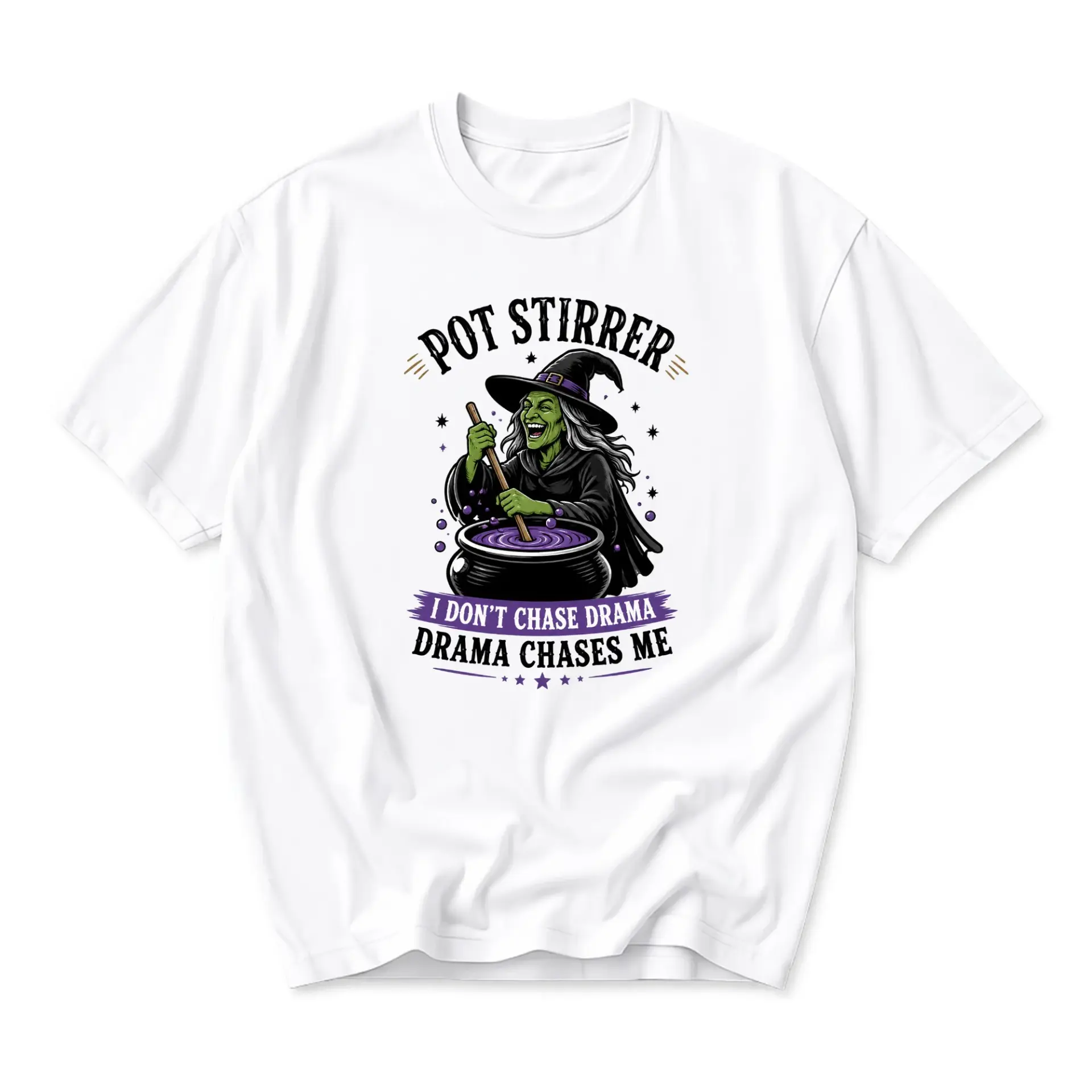 Funny Shirt Pot Stirrer Witch Graphic Tee Unisex Crew Neck Short Sleeve Casual Cotton Blend Apparel for Everyday Wear