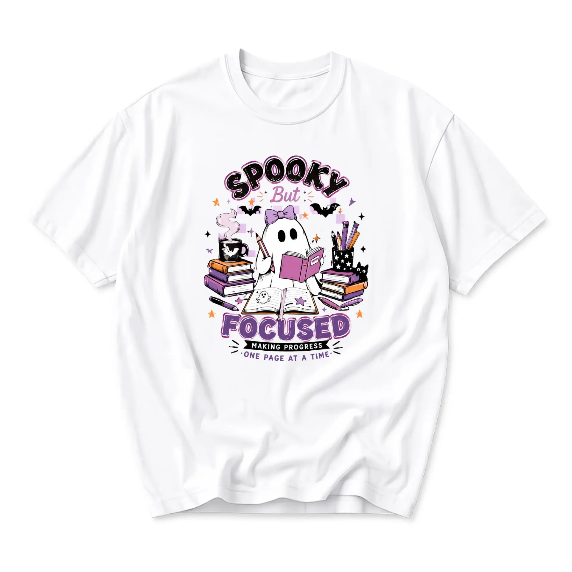 Graphic Tee Spooky but Focused Ghost Reading Book Design Unisex Crew Neck Short Sleeve Casual Cotton T-Shirt