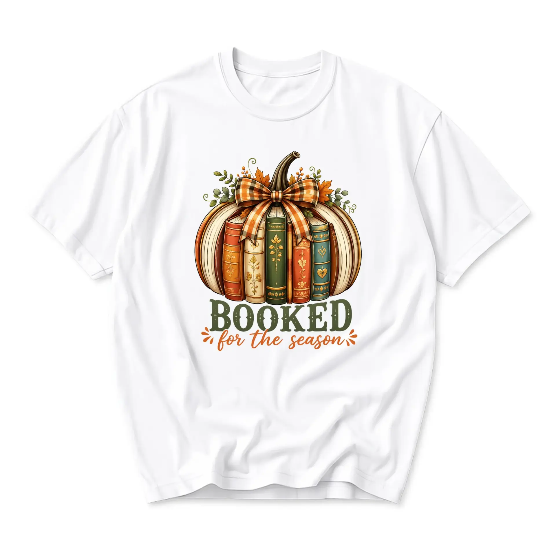 Graphic Tee Booked for the Season Fall Pumpkin and Books Print Unisex Crew Neck Casual Everyday Short Sleeve Shirt