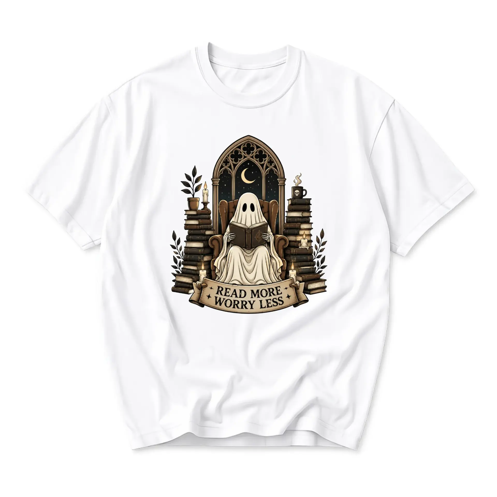 Graphic Tee Read More Worry Less Ghost Reading Book Design Unisex Crew Neck Short Sleeve Casual Cotton Blend Shirt