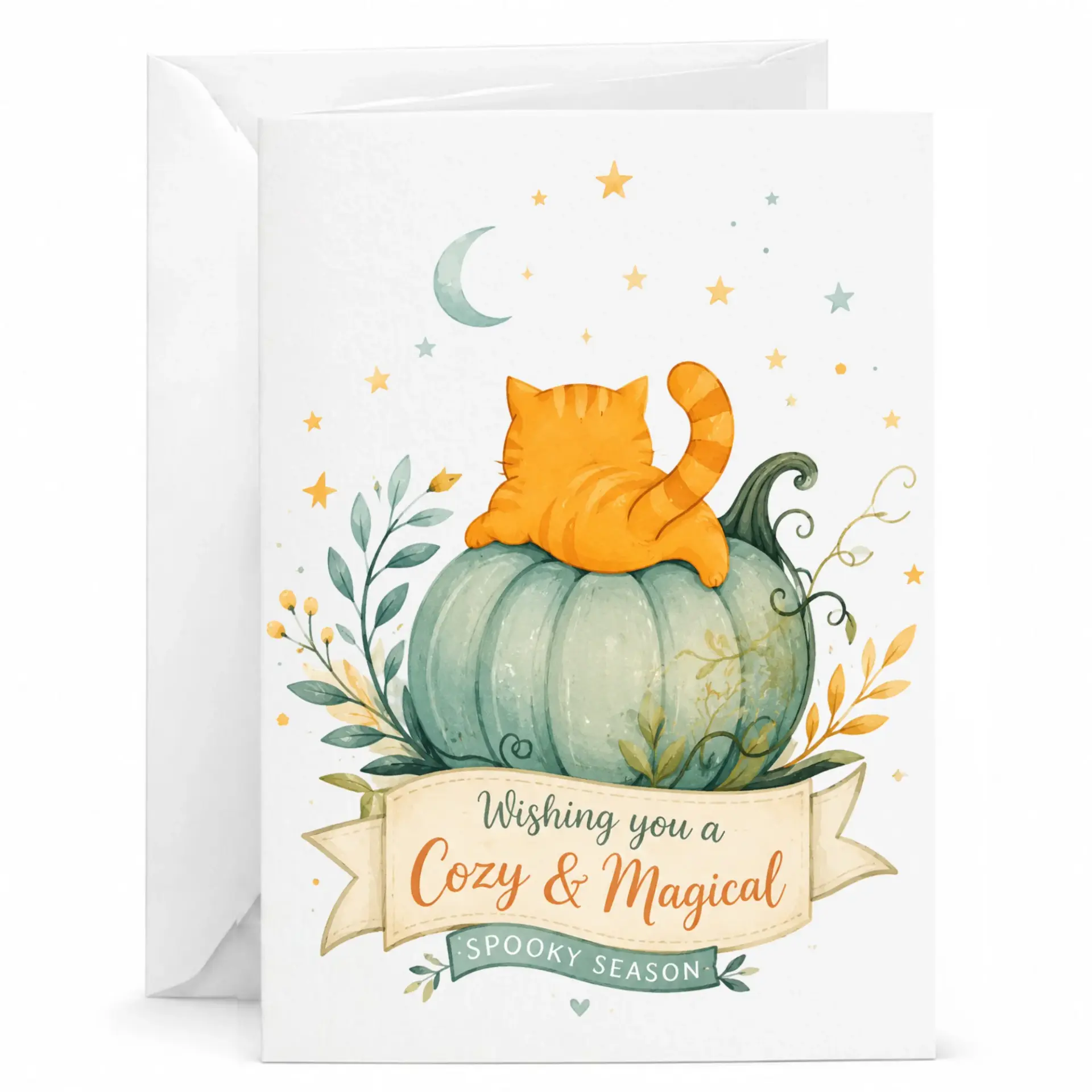 Greeting Card Wishing You a Cozy and Magical Spooky Season Featuring an Orange Tabby Cat Sitting on a Pumpkin