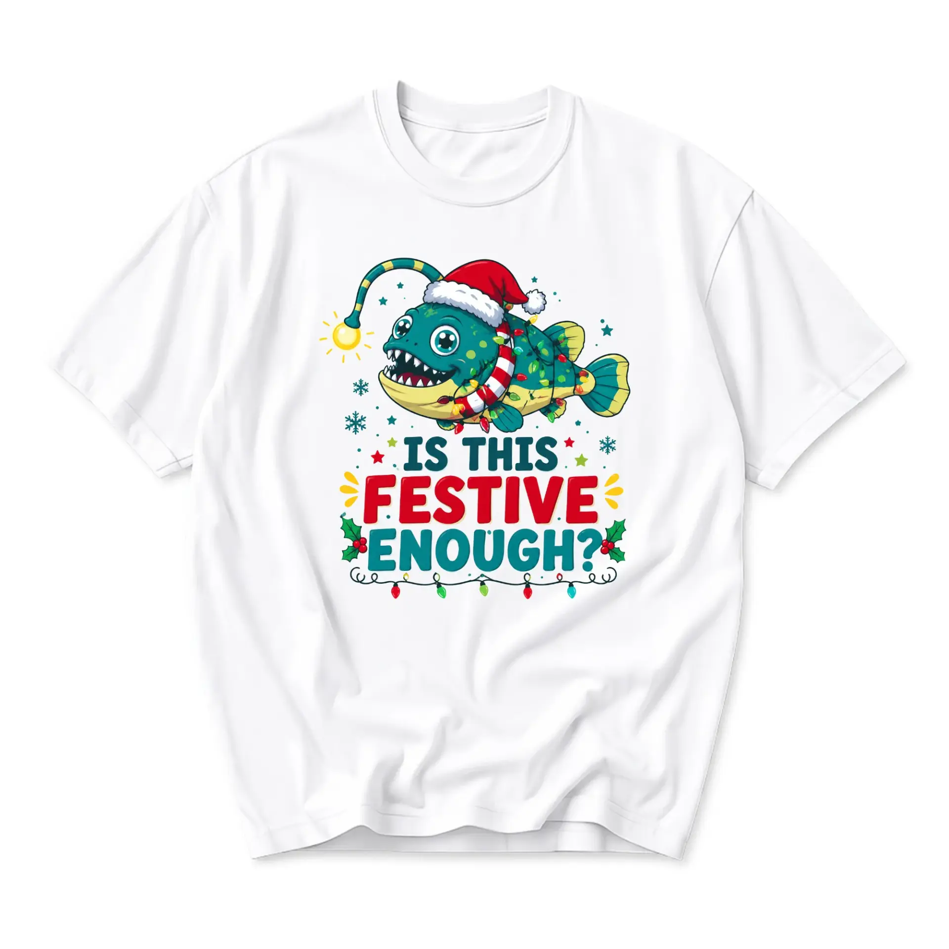 Funny Shirt Is This Festive Enough Angler Fish Holiday Graphic Tee Unisex Crew Neck Casual Cotton Blend Top for Winter