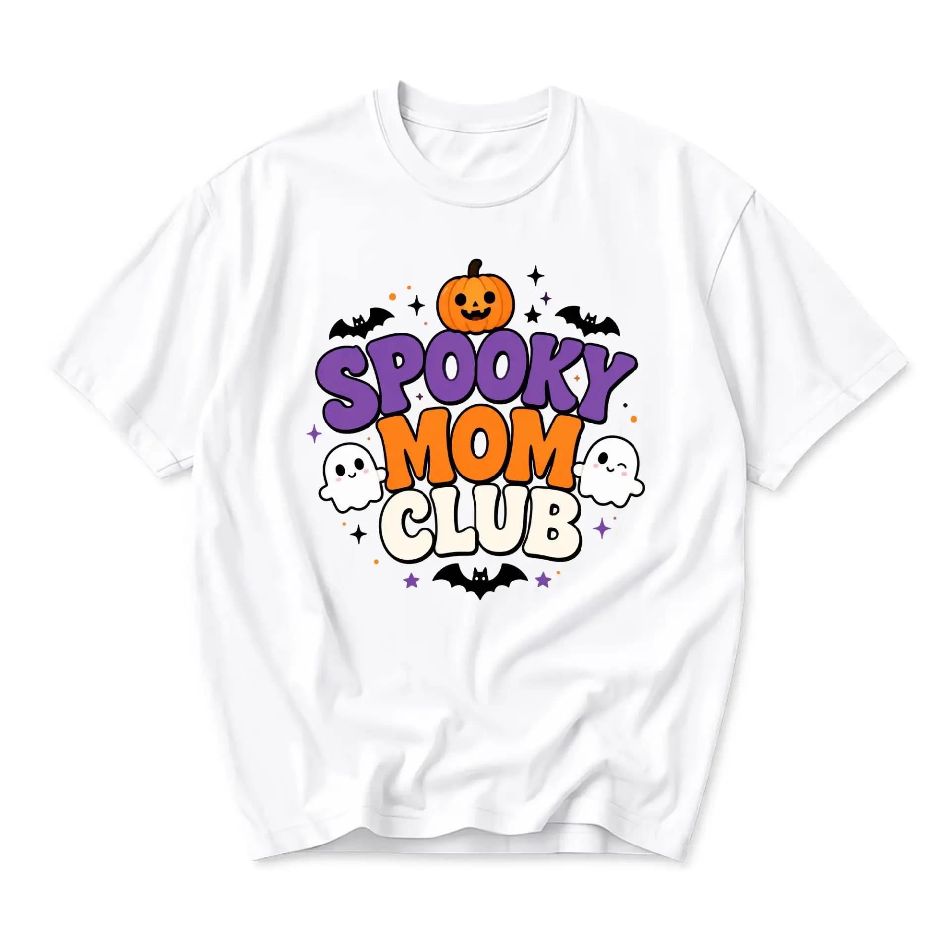 Graphic Tee Spooky Mom Club Halloween Pumpkin Ghost T-Shirt Casual Unisex Short Sleeve Crew Neck Cotton Blend Shirt