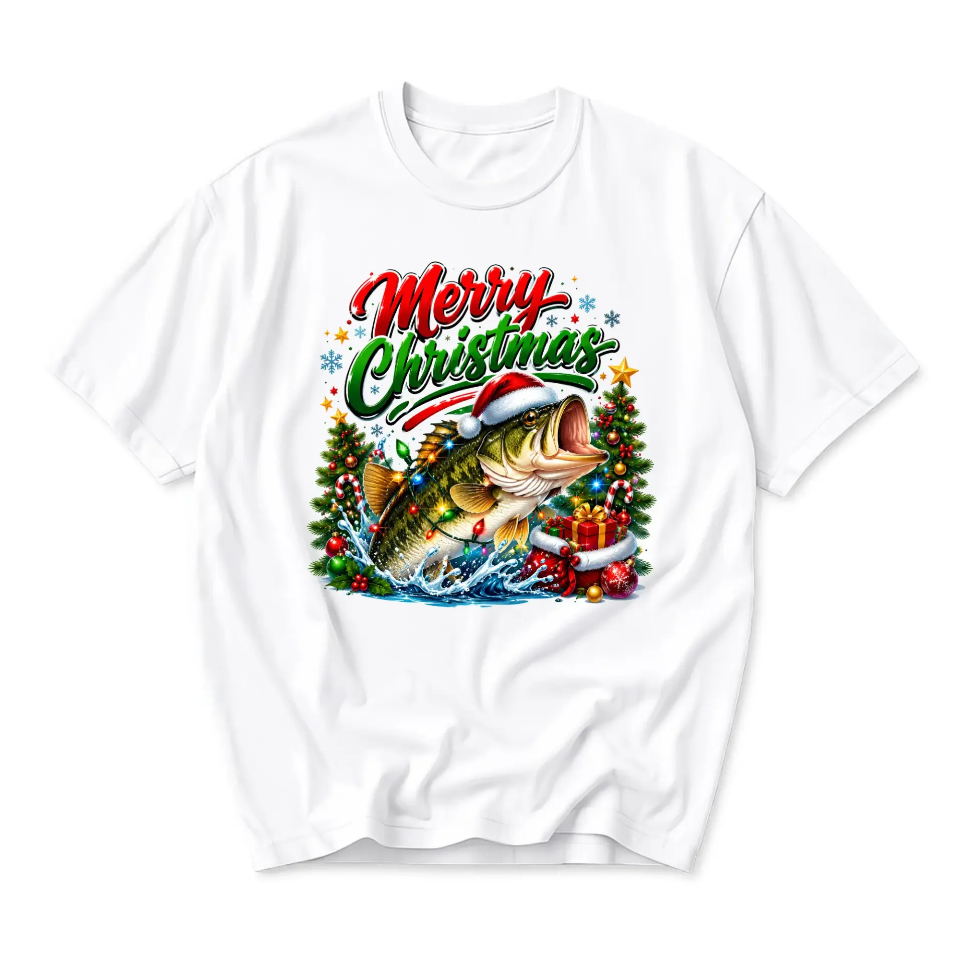 T-shirt Merry Christmas Fishing Graphic Tee Holiday Largemouth Seasonal Apparel Unisex Cotton Crew Neck Top