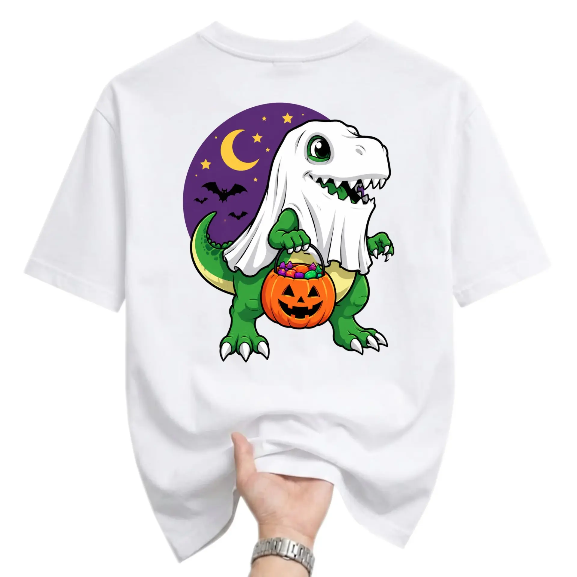 Funny Shirt Unisex Graphic Printed T-Shirt Featuring a Cute Dinosaur Wearing a Ghost Costume for Halloween Casual Wear