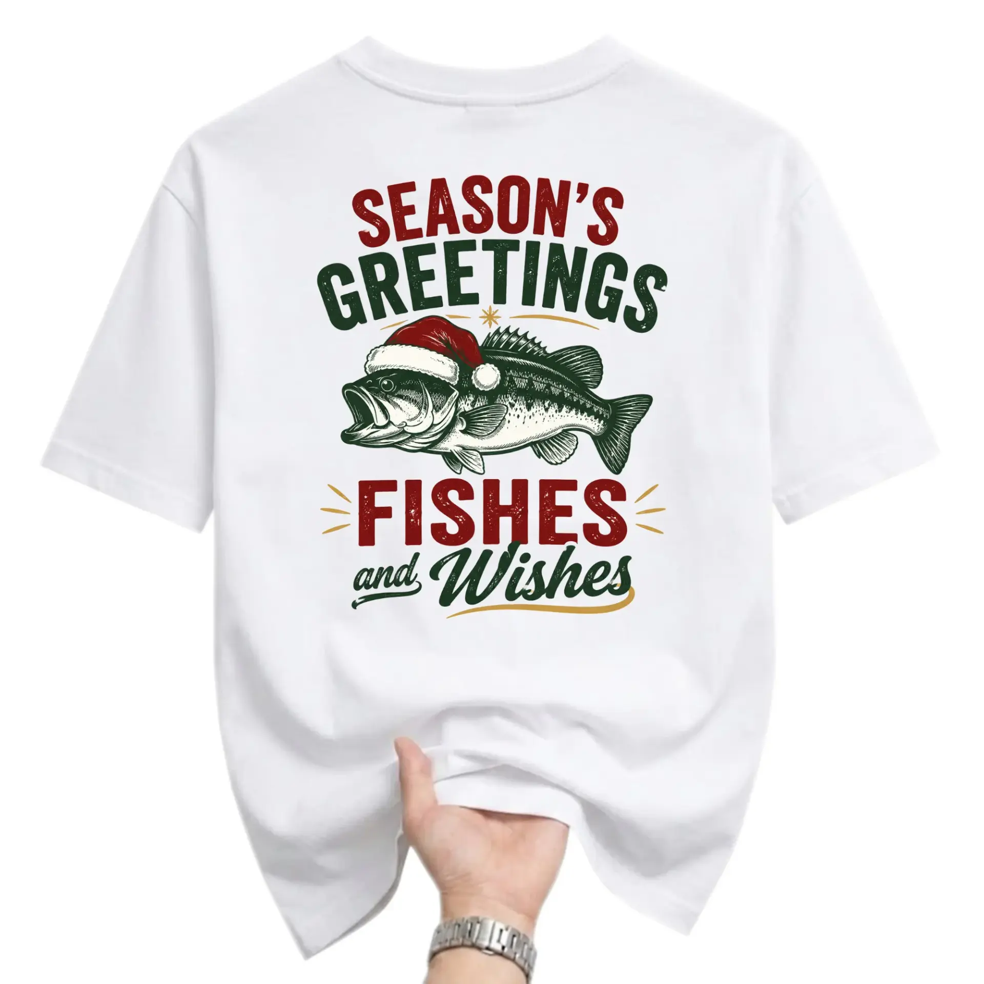 Funny Shirt Season Greetings Fishes and Wishes Holiday Fishing Graphic Tee Unisex Short Sleeve Crew Neck Cotton Top