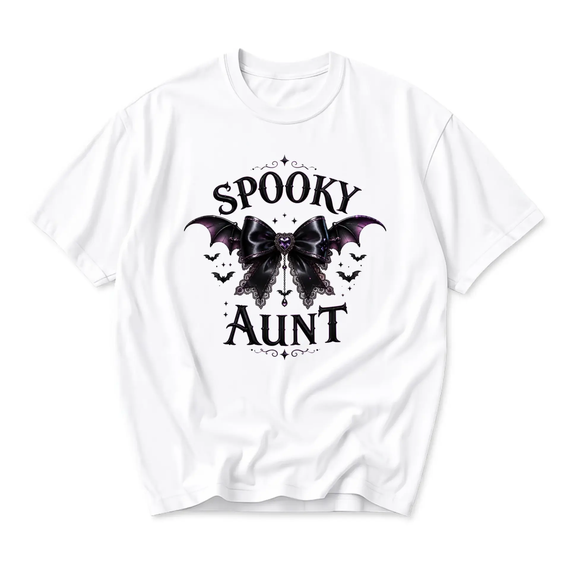 Graphic Tee Spooky Aunt Gothic Bow Shirt Halloween Themed Unisex Casual Short Sleeve Crew Neck Cotton Blend Top