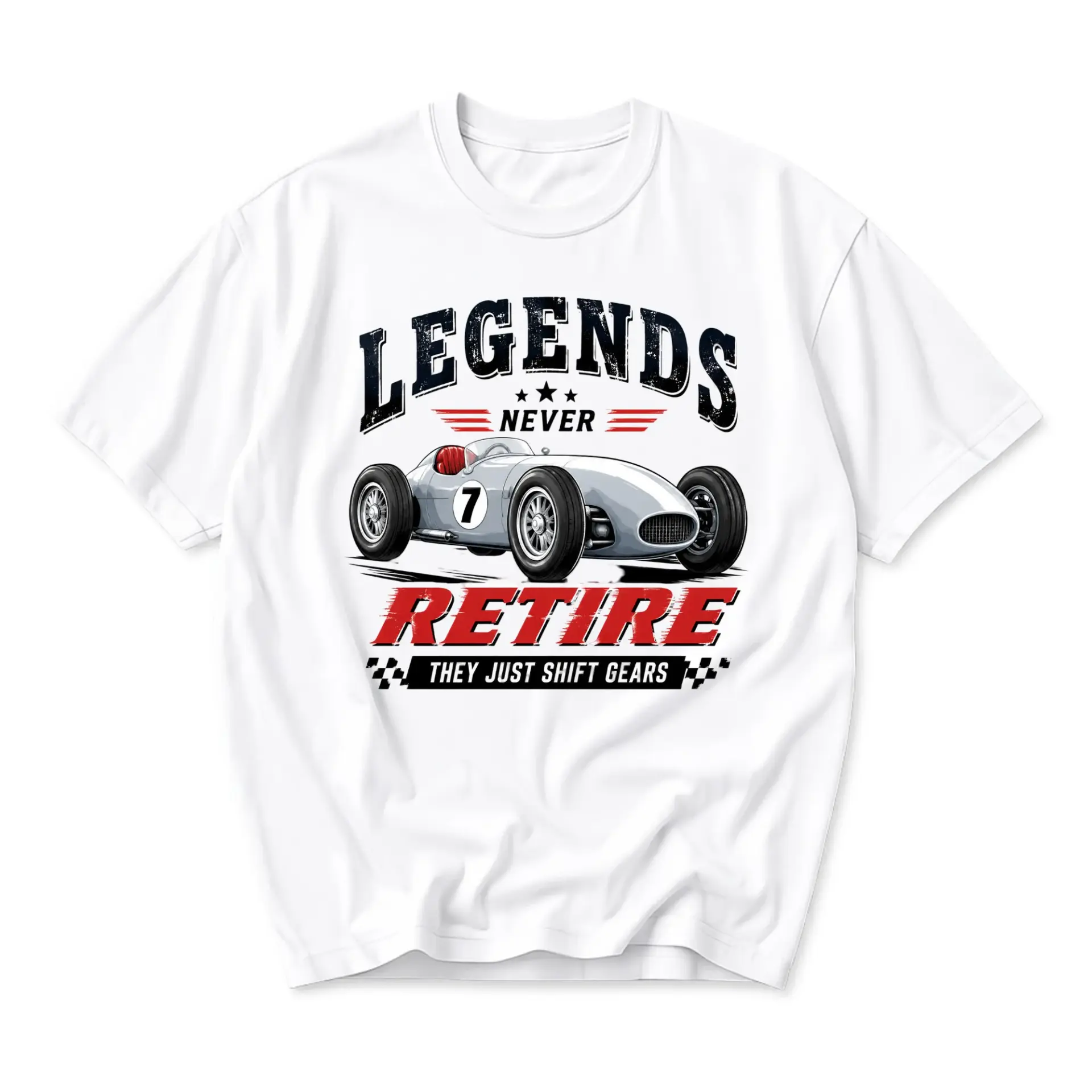 Graphic Tee Legends Never Retire Vintage Race Car Print Unisex Casual Short Sleeve Crew Neck Cotton Blend Shirt