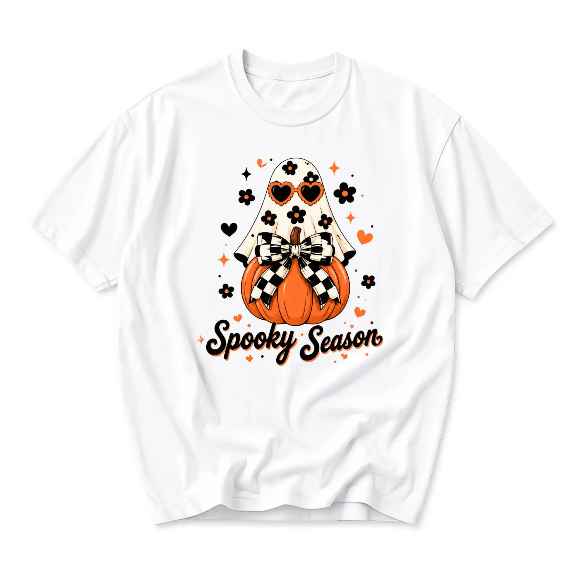 Graphic Tee Spooky Season Pumpkin Ghost Shirt Retro Fall Aesthetic Unisex Crew Neck Casual Cotton Blend Apparel