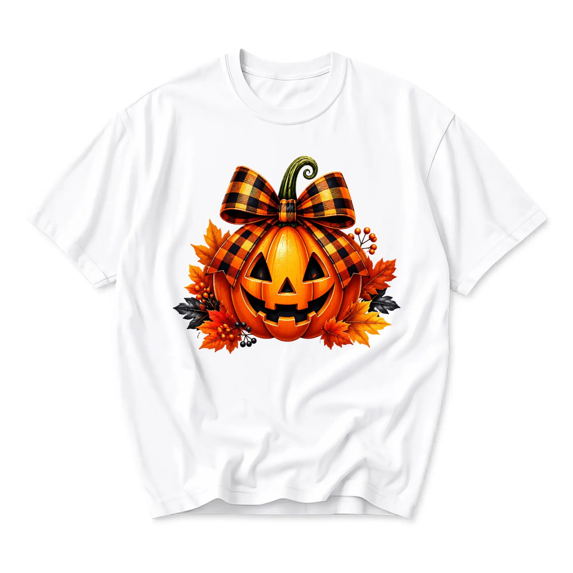 Graphic Tee Pumpkin with Plaid Bow Unisex T-Shirt Seasonal Autumn Apparel for Casual Everyday Wear and Fall Outfits