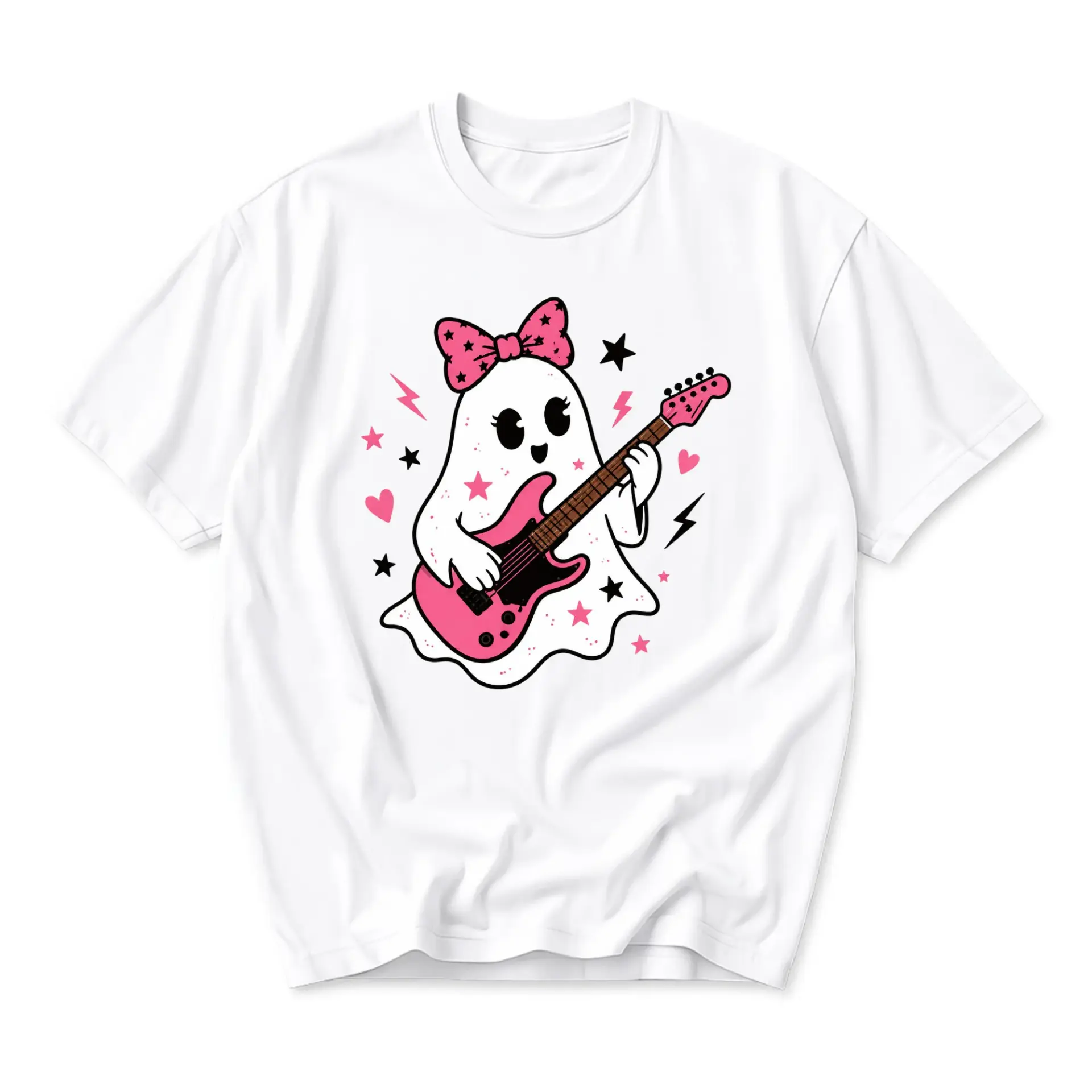 Graphic Tee Unisex Crew Neck T-Shirt Featuring a Cute Ghost Playing a Pink Electric Guitar Illustration