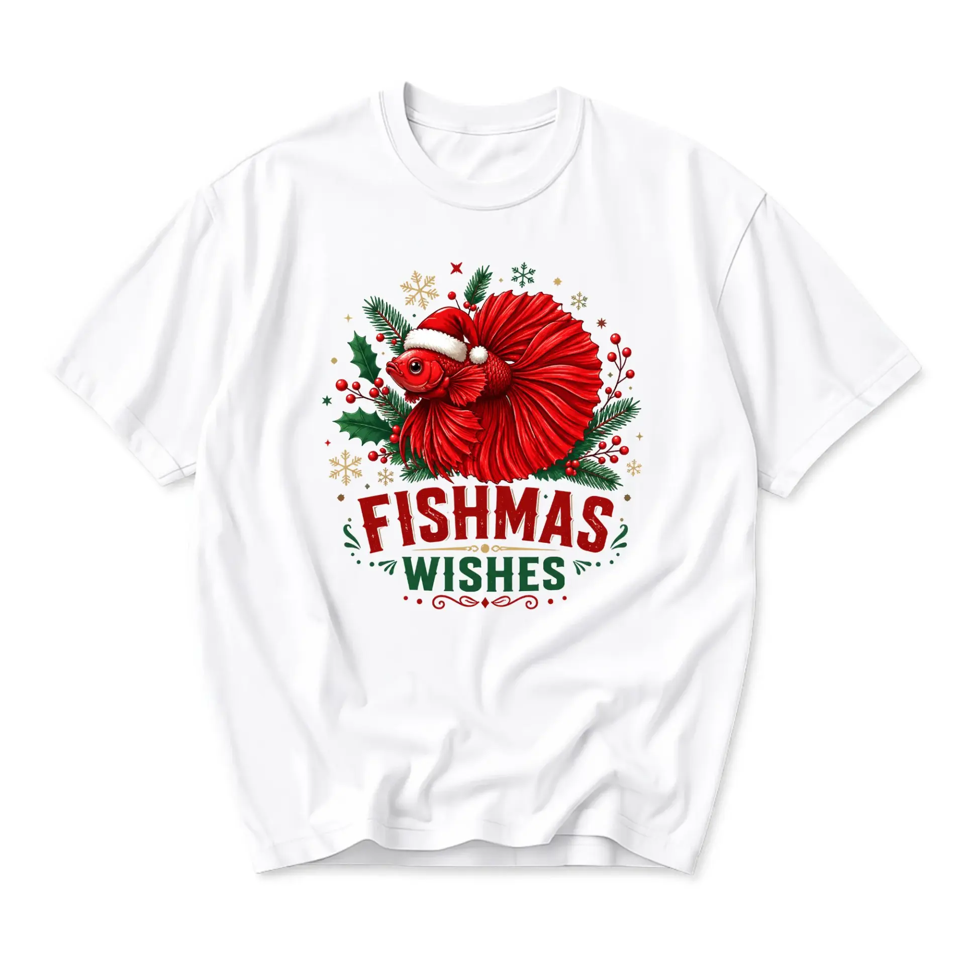 Funny Shirt Fishmas Wishes Graphic Tee Seasonal Red Betta Fish Holiday Illustration Unisex Cotton Crew Neck Top