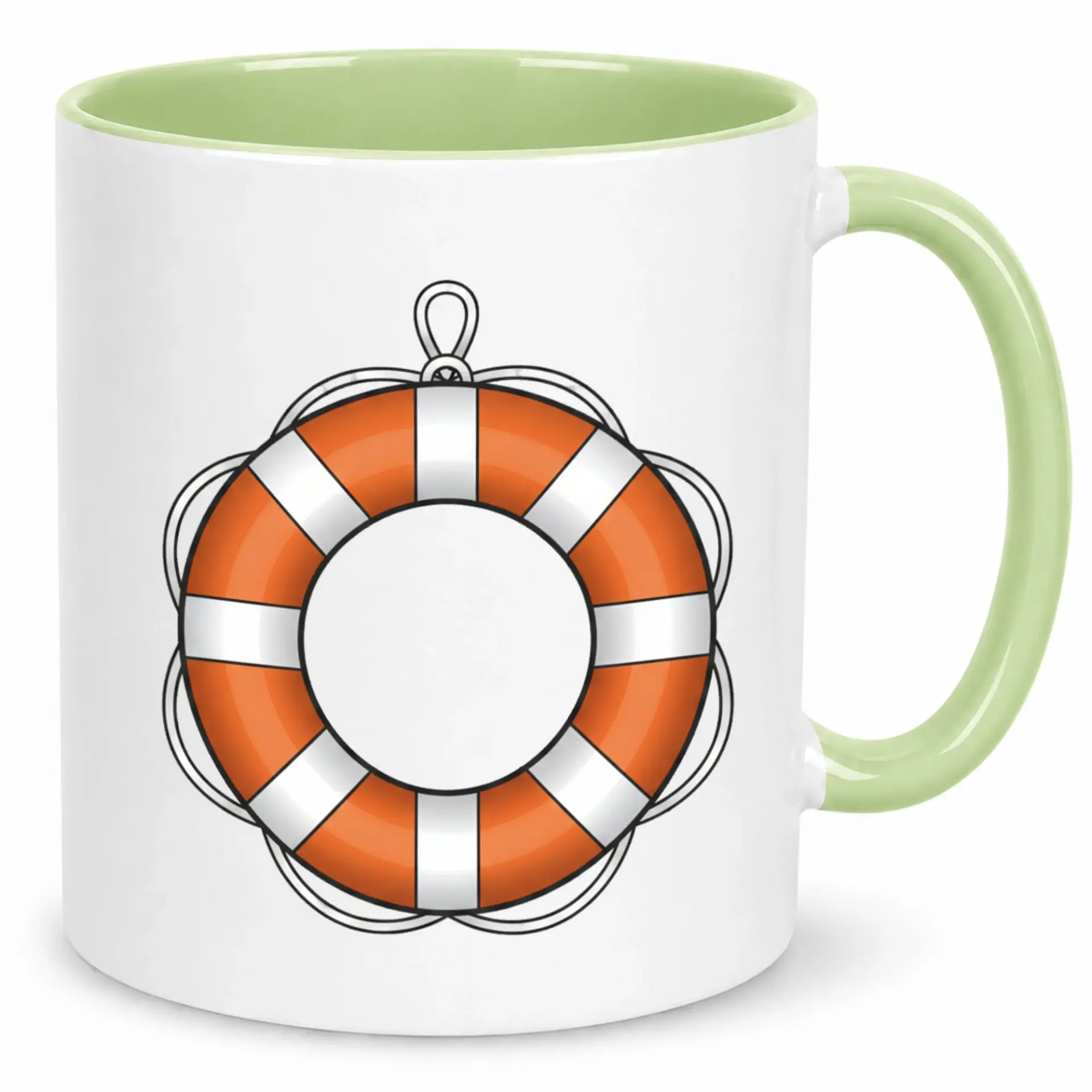 Nautical Maritime Lifebuoy Design Ceramic Coffee Mug with Green Handle and Interior, White 11 Oz or 15 Oz Drinkware for Home and Office