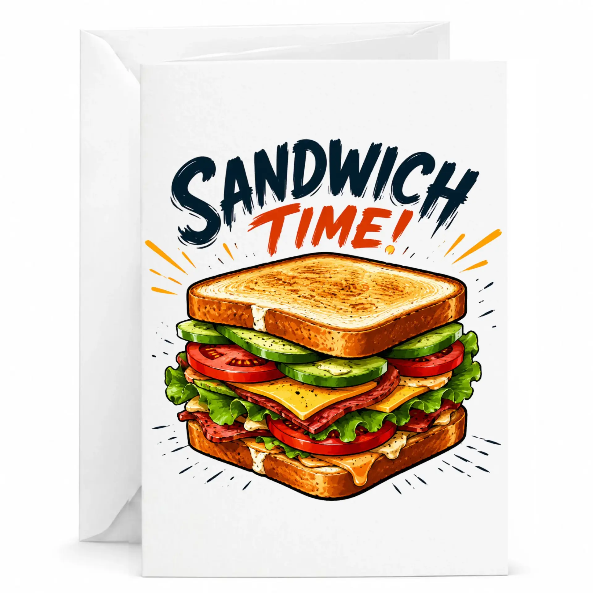 Funny Sandwich Time Greeting Card for Food Lovers with Matching Envelope Included for Personal Handwritten Messages