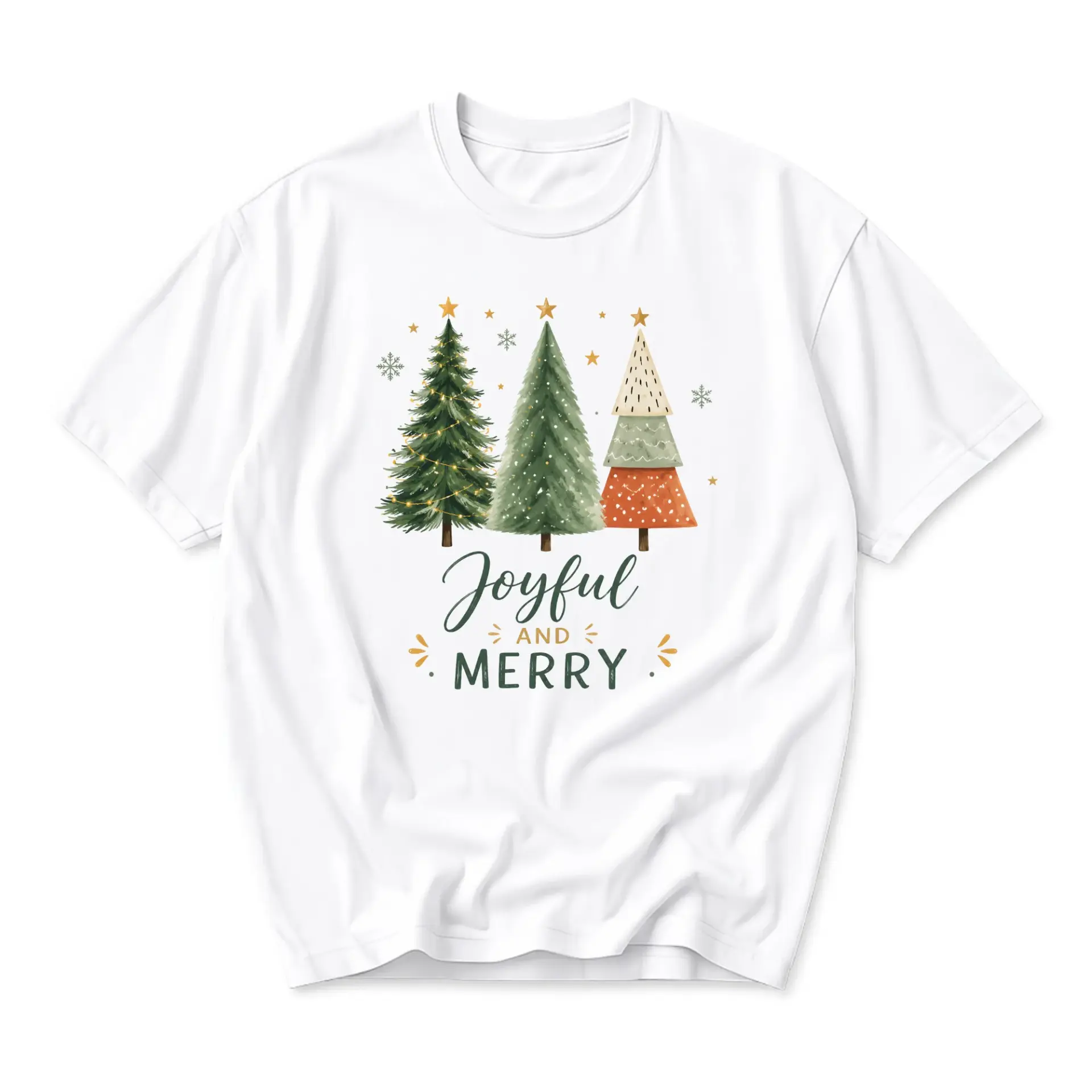 Graphic Tee Joyful and Merry Christmas Trees Print Unisex Casual Holiday Apparel Soft Cotton Blend Crew Neck Shirt