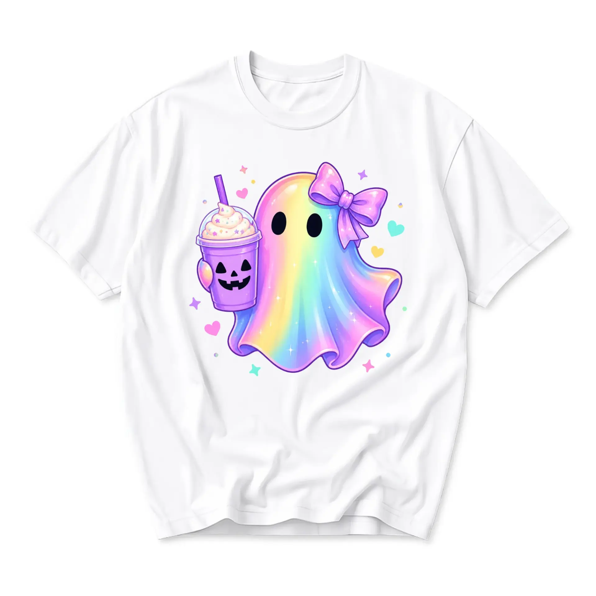 Graphic Tee Unisex Crew Neck T-Shirt Featuring a Pastel Rainbow Ghost Holding a Purple Jack O Lantern Coffee Cup
