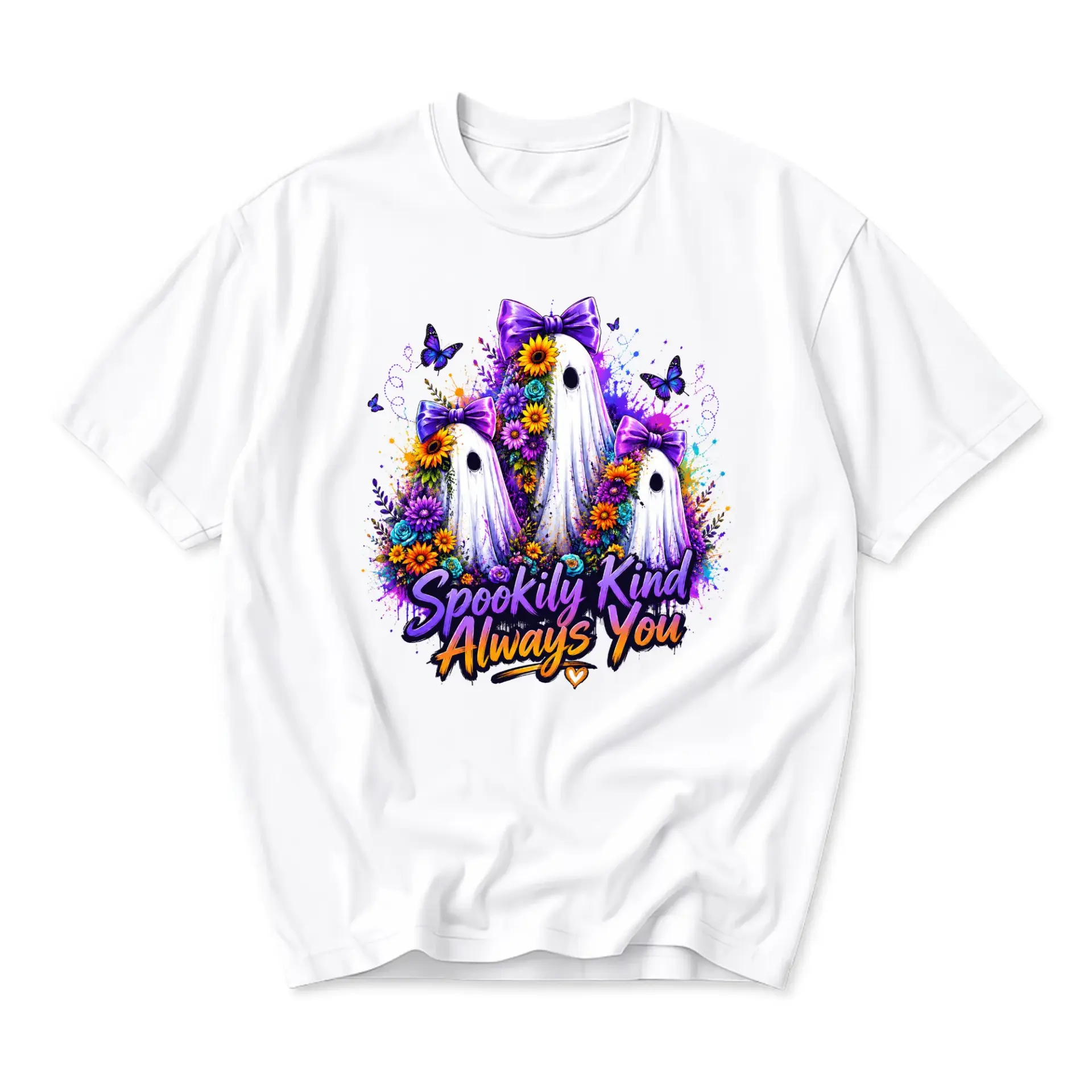 Graphic Tee Spookily Kind Always You Floral Ghost Print Short Sleeve Unisex Crew Neck Casual Everyday Fashion Shirt