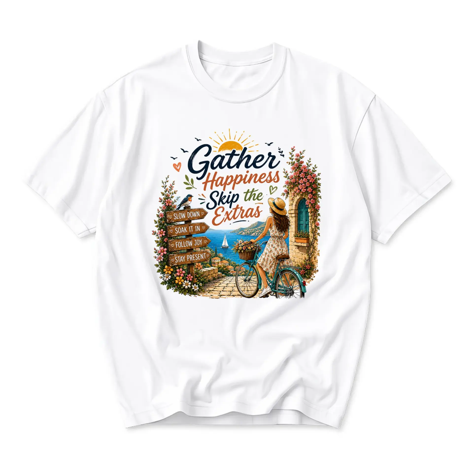 Graphic Tee Gather Happiness Skip the Extras Aesthetic Art Print Summer Inspired Unisex Casual Short Sleeve Shirt