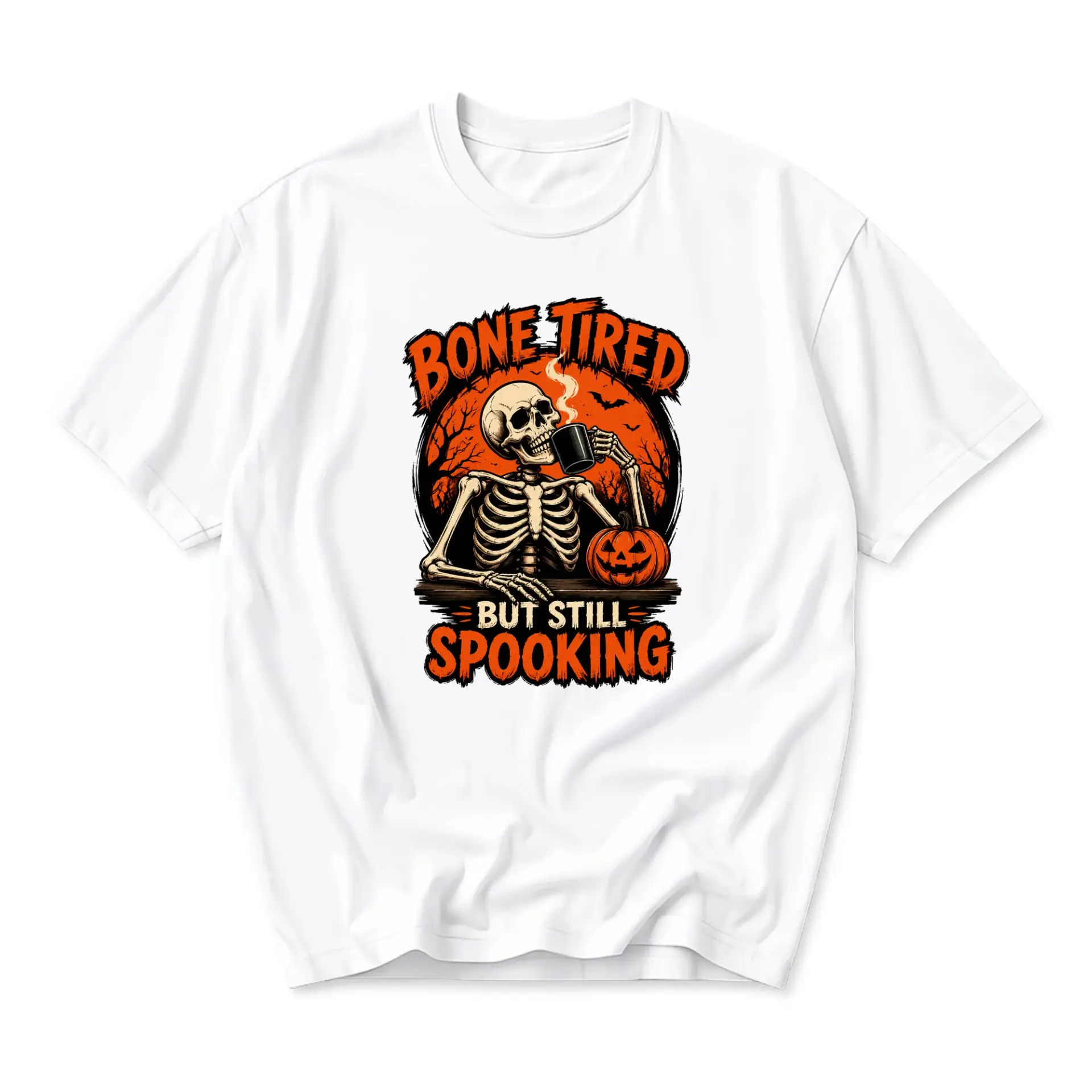 Funny Shirt Bone Tired but Still Spooking Graphic Tee Humorous Skeleton Drinking Coffee Fall Season Casual Unisex Top
