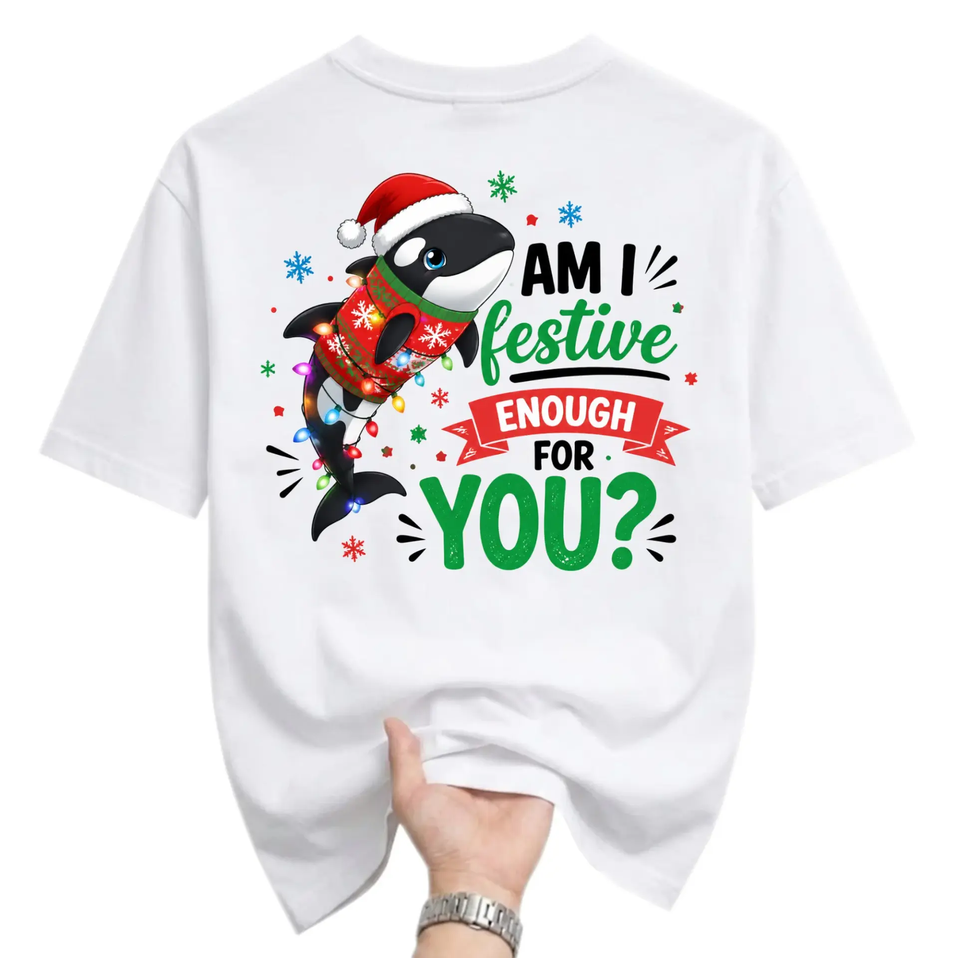 Funny Shirt Unisex Graphic Printed T-Shirt Featuring a Festive Killer Whale Wearing a Santa Hat and Christmas Lights