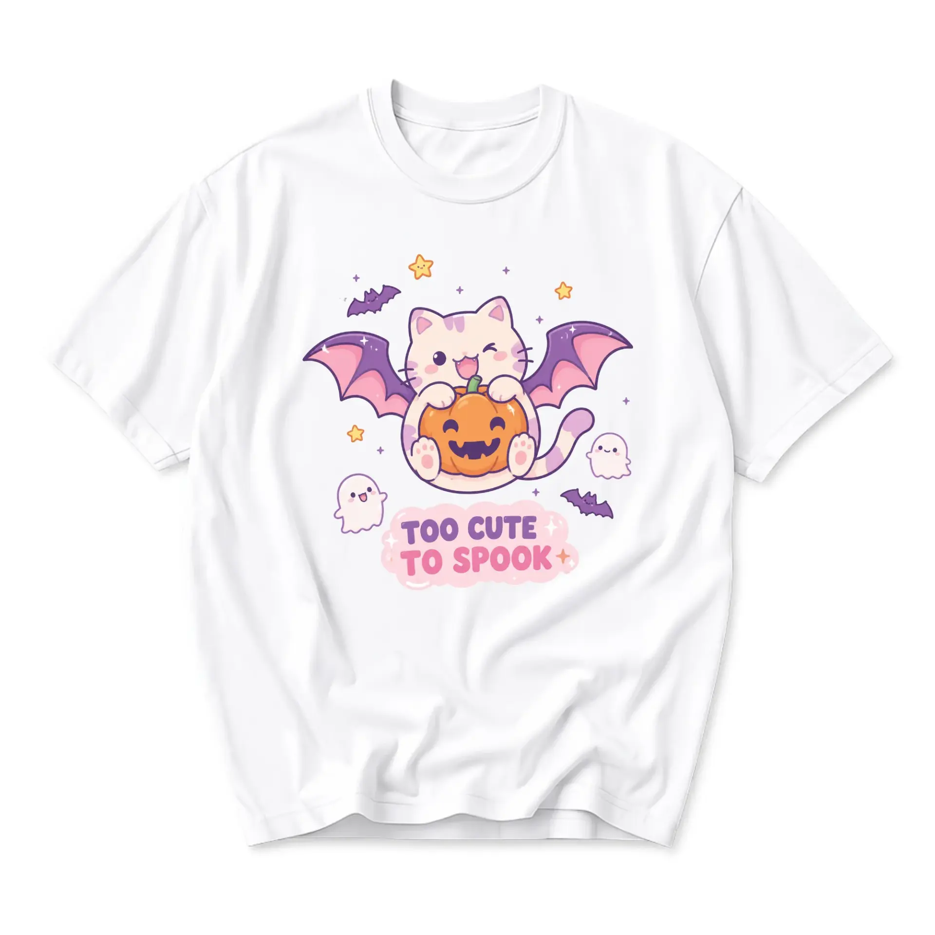 Graphic Tee Unisex Crew Neck T-Shirt Cute Cat Bat Halloween Design Casual Short Sleeve Cotton Blend Top Apparel