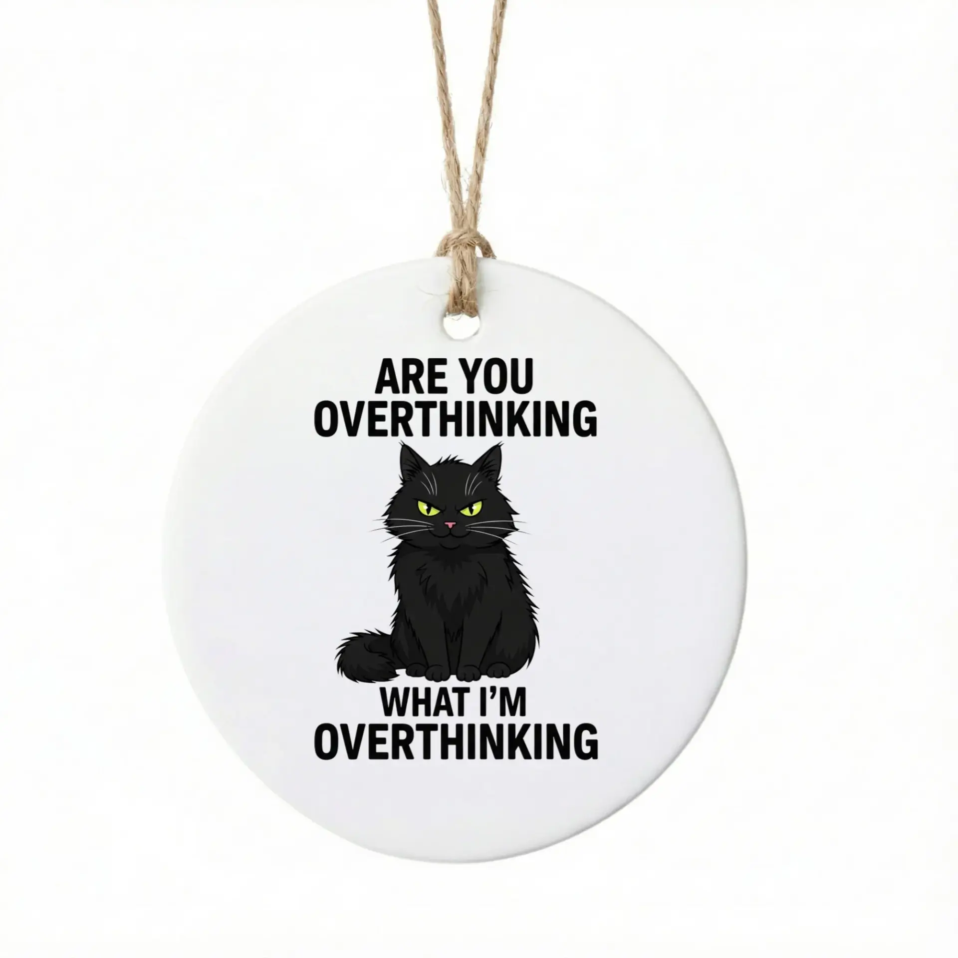 Christmas Ornament Funny Black Cat Design Ceramic Keepsake for Holiday Tree Decor Round Glossy Hanging Decoration