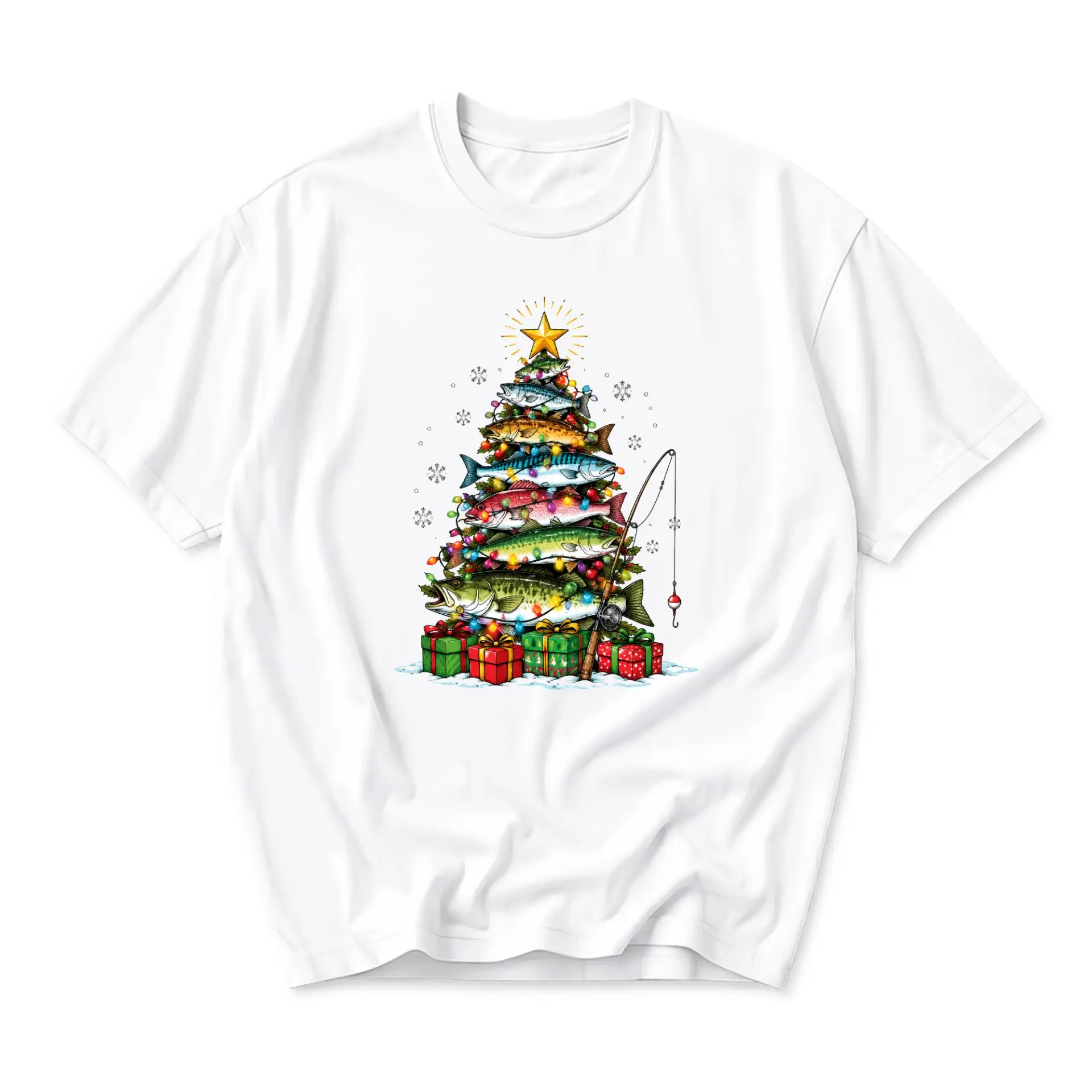 T-shirt Fishing Christmas Tree Graphic Print Unisex Casual Crew Neck Tee Outdoor Enthusiast Holiday Apparel