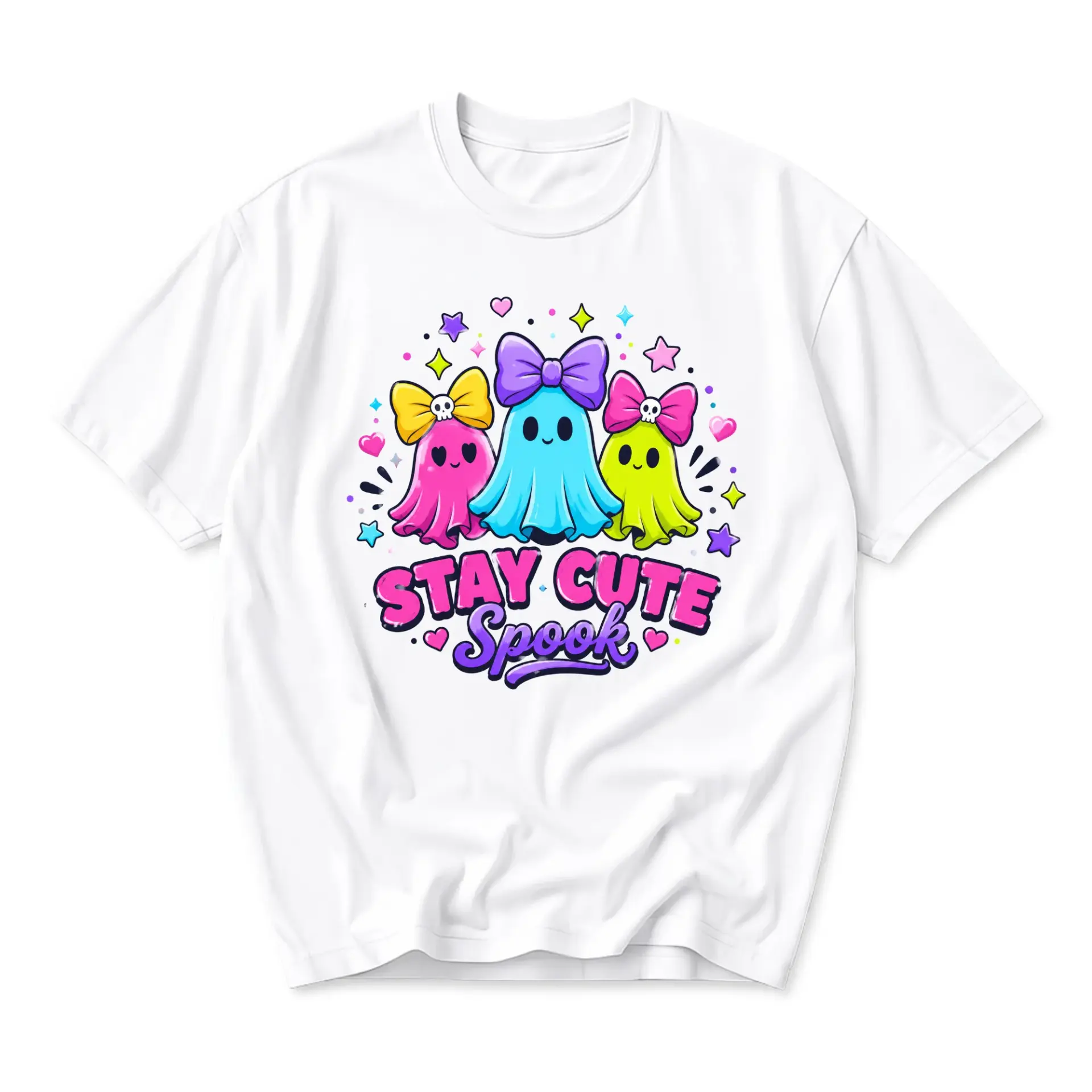 Graphic Tee Stay Cute Spook Ghost Illustration Unisex Crew Neck Short Sleeve Cotton Blend Casual Everyday Shirt