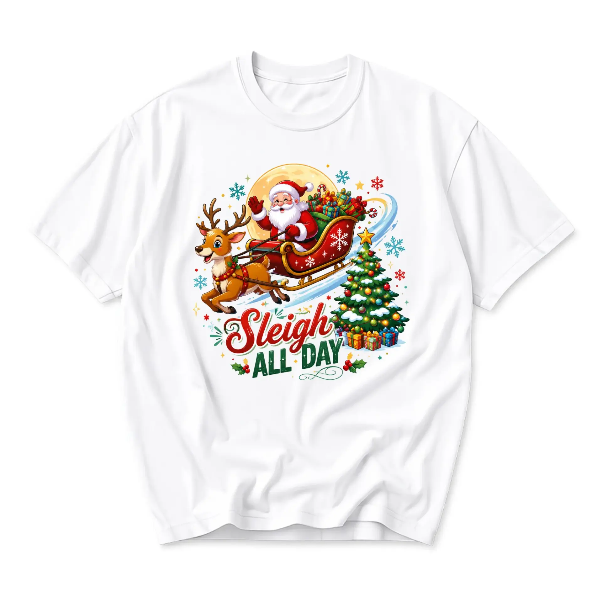 Funny Shirt Sleigh All Day Graphic Tee Holiday Festive Apparel for Men and Women Casual Seasonal Crew Neck T-Shirt