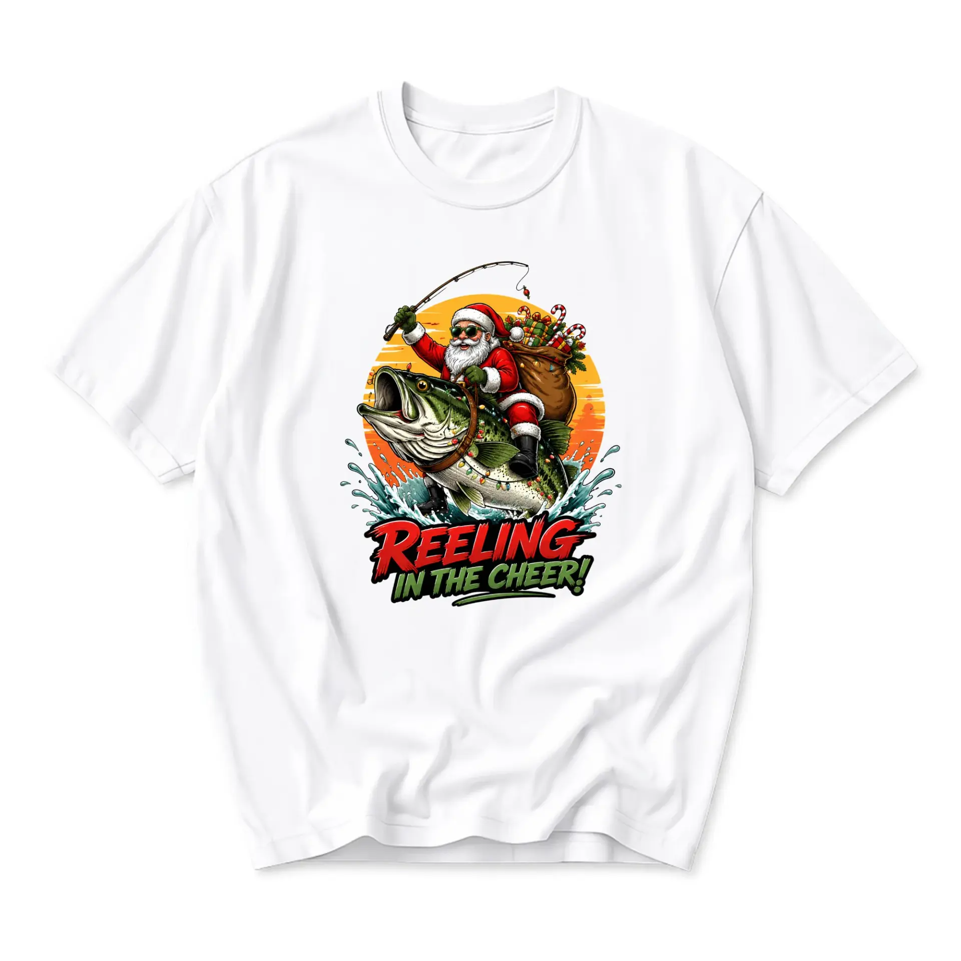Funny Shirt Reeling in the Cheer Santa Claus Fishing Graphic Tee Unisex