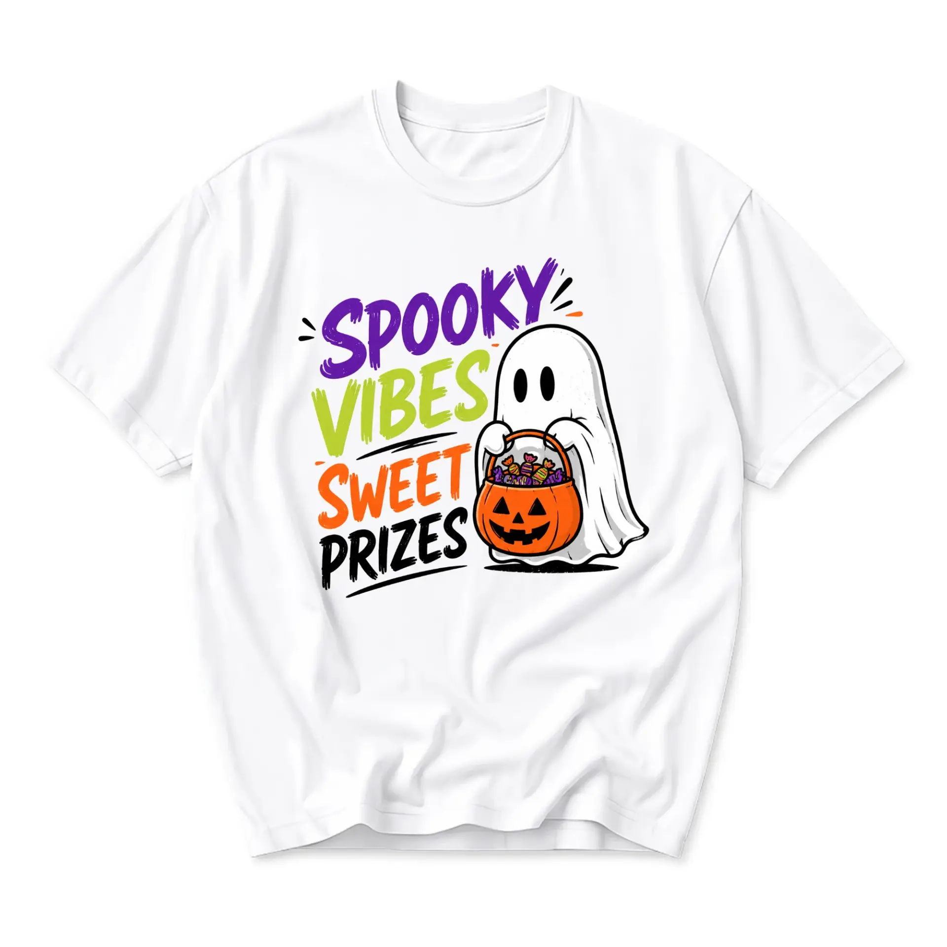 Funny Shirt Spooky Vibes Sweet Prizes Graphic Tee Cute Ghost Holding Jack O Lantern Trick or Treat Halloween Top