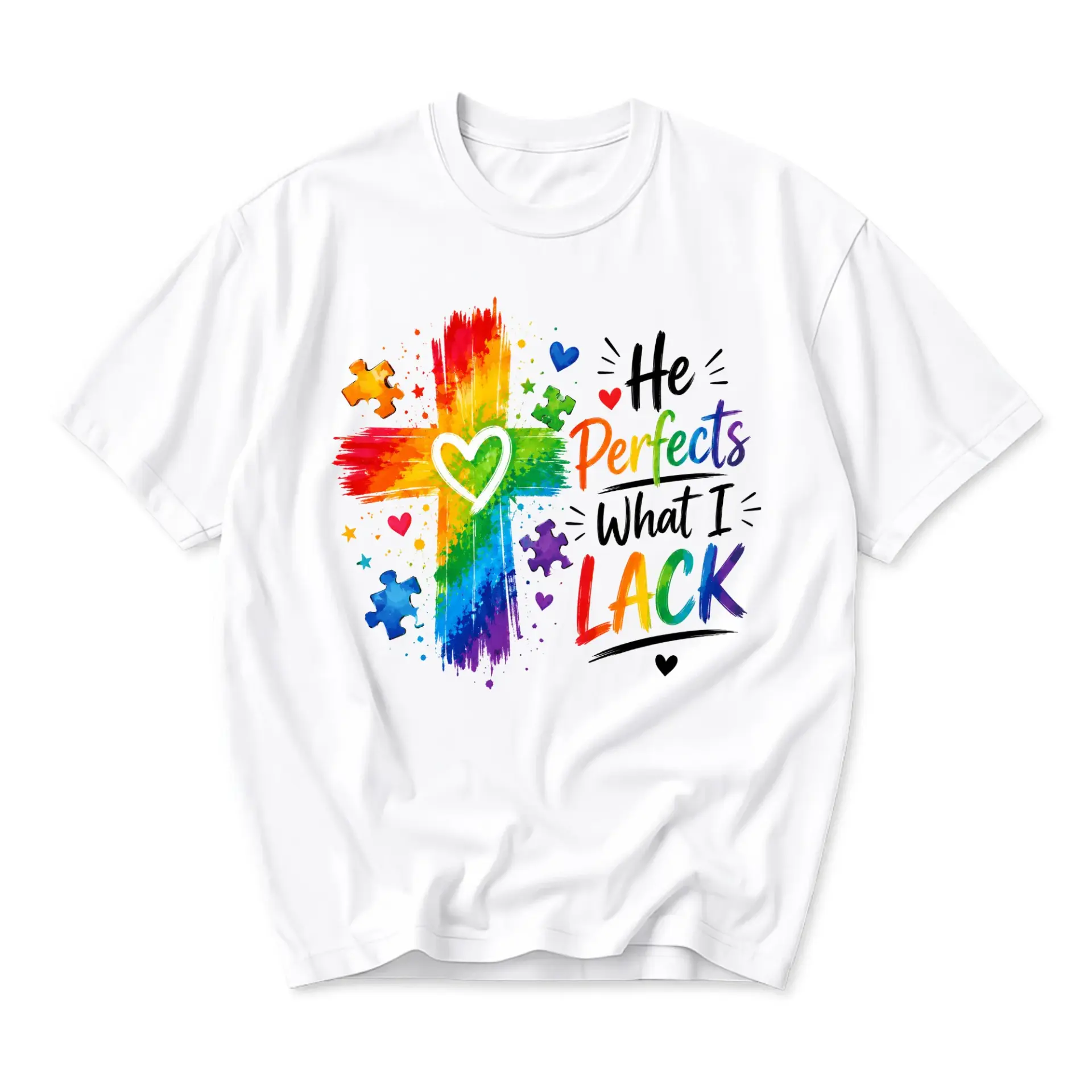 Graphic Tee Unisex Crew Neck T-Shirt He Perfects What I Lack Rainbow Cross Print Inspirational Casual Everyday Top