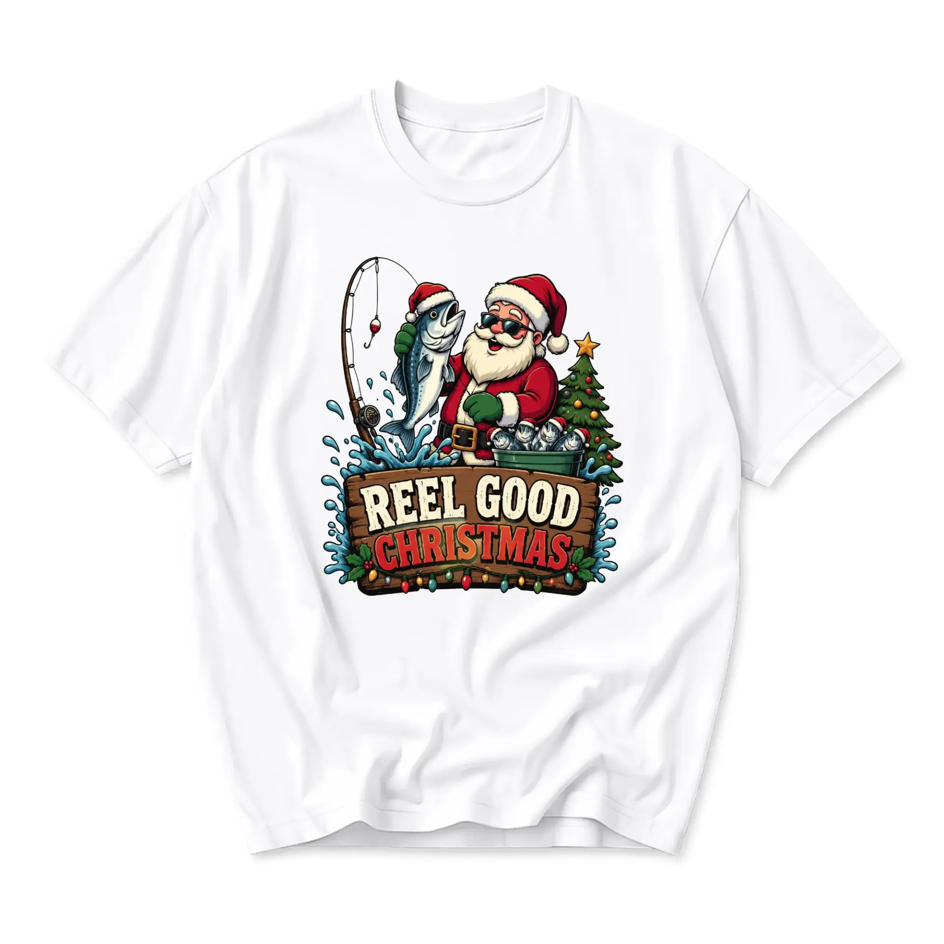 Funny Shirt Reel Good Christmas Santa Fishing Graphic Tee Unisex Casual