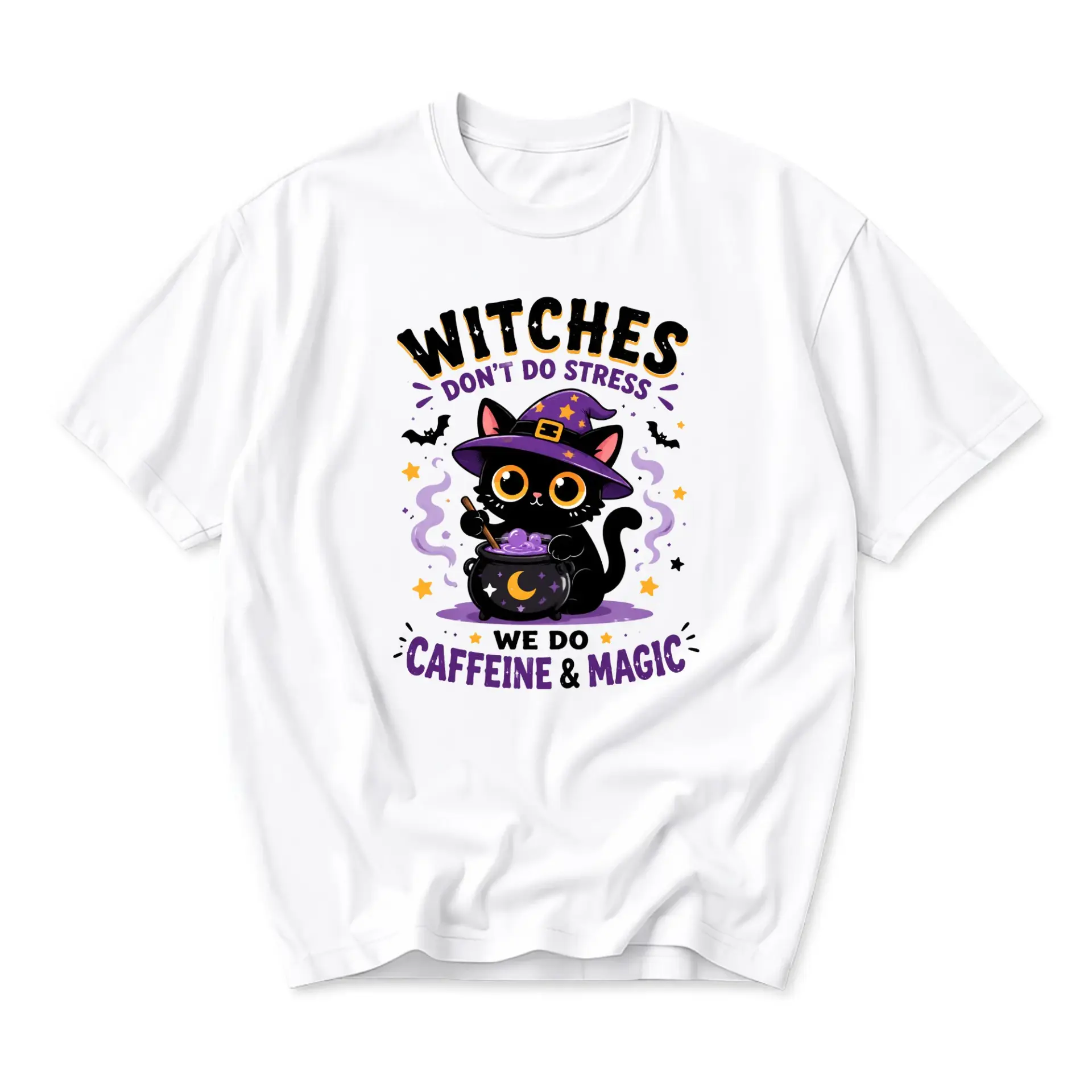 Graphic Tee Witches Don't Do Stress We Do Caffeine and Magic Funny Black Cat Short Sleeve Unisex Crew Neck Shirt