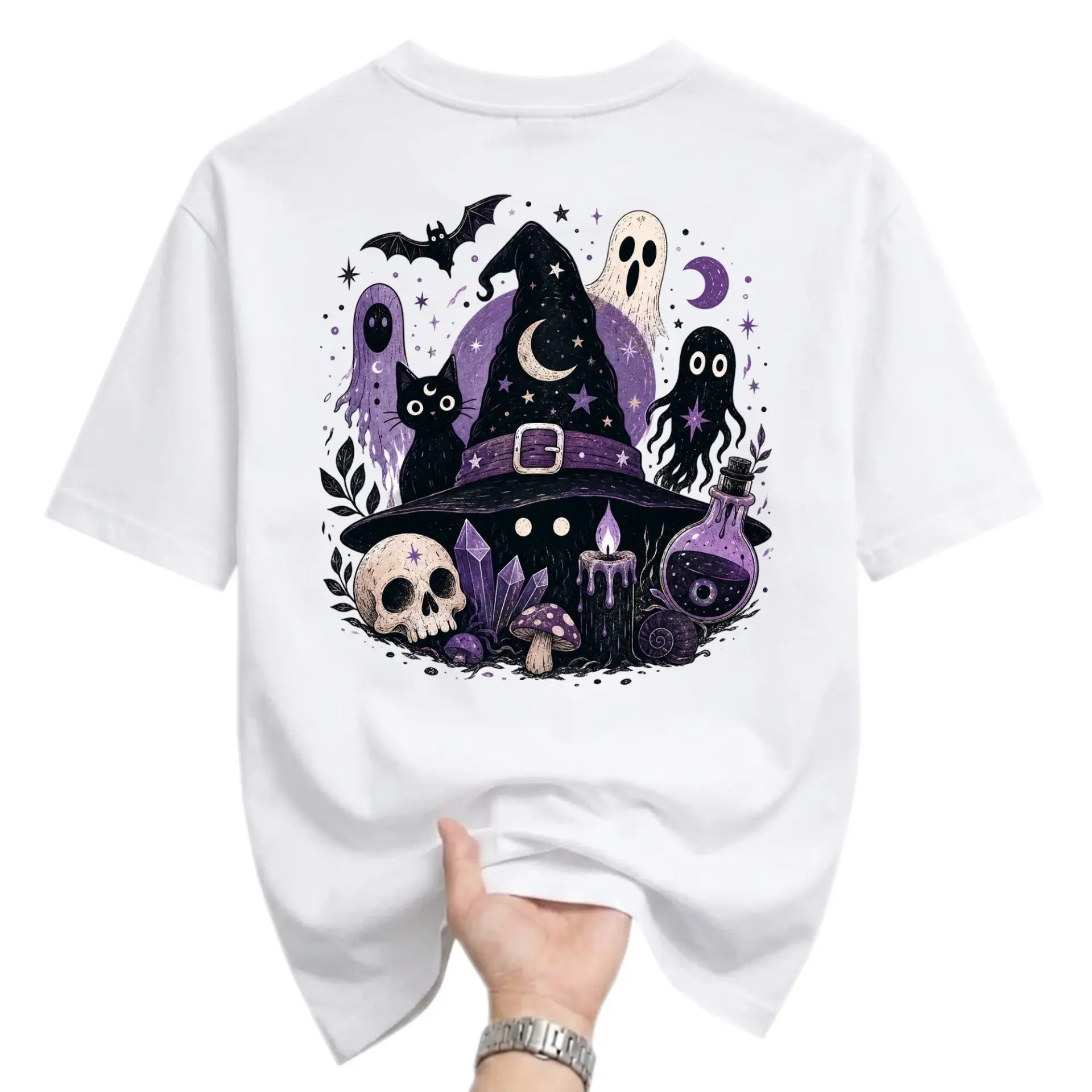 Graphic Tee Witchy Aesthetic Mystical Elements Illustration Unisex Crew Neck Short Sleeve Casual Cotton Shirt White