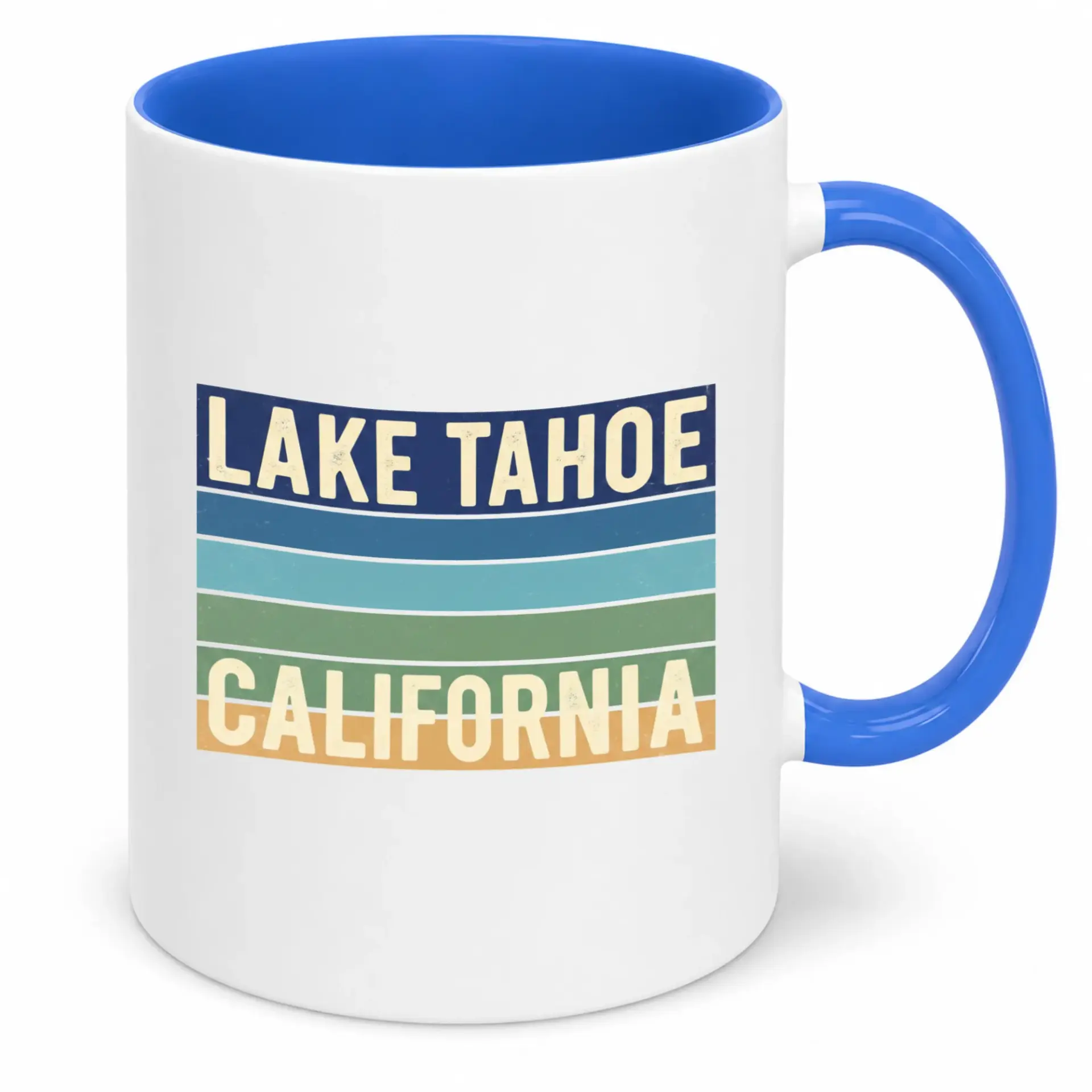 Ceramic Coffee Mug Lake Tahoe California Retro Striped Design, Two-Tone Blue Interior & Handle, Scenic Souvenir Drinkware for Home or Office Use