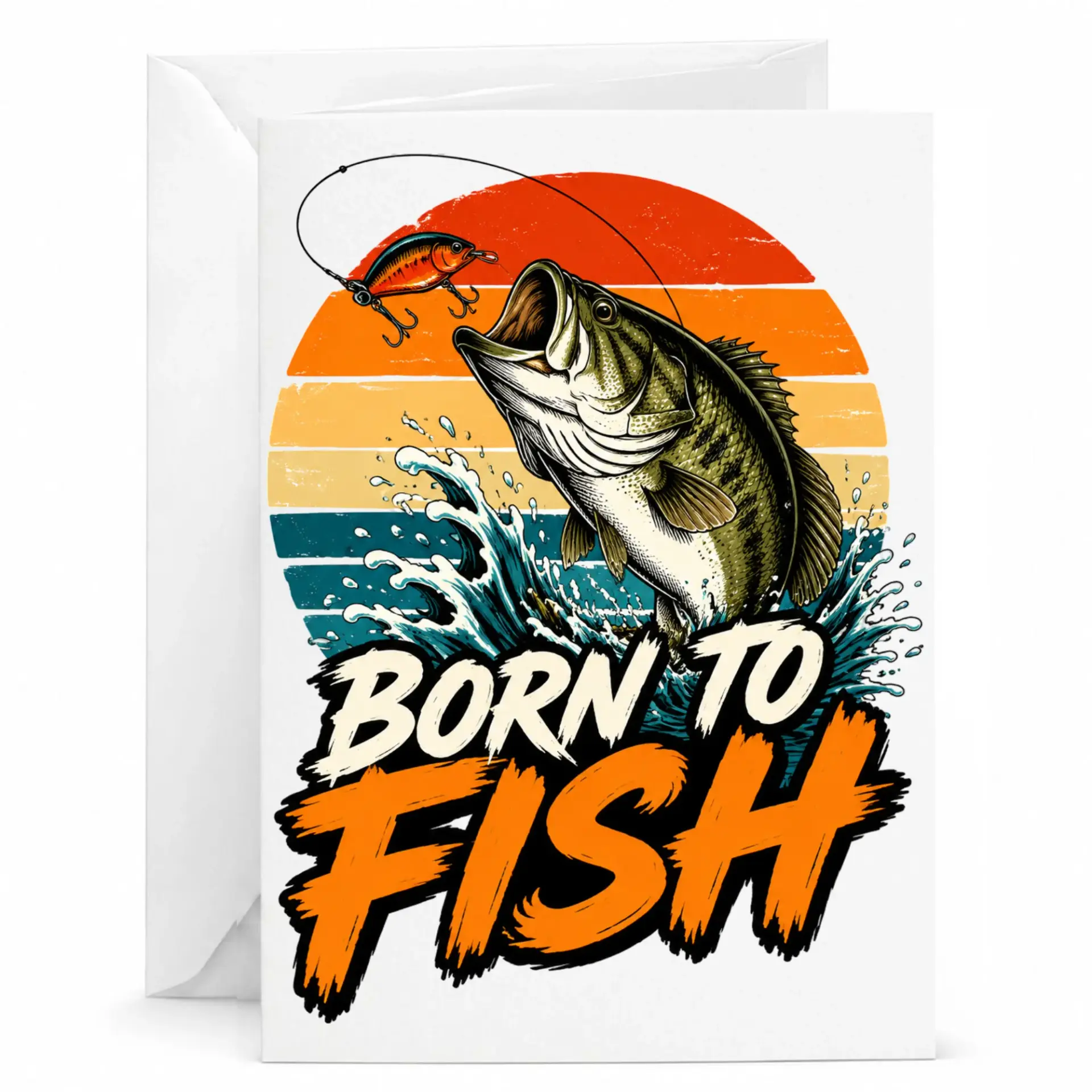 Born to Fish Greeting Card Retro Bass Fishing Art Printed Stationery for Anglers and Outdoor Enthusiasts