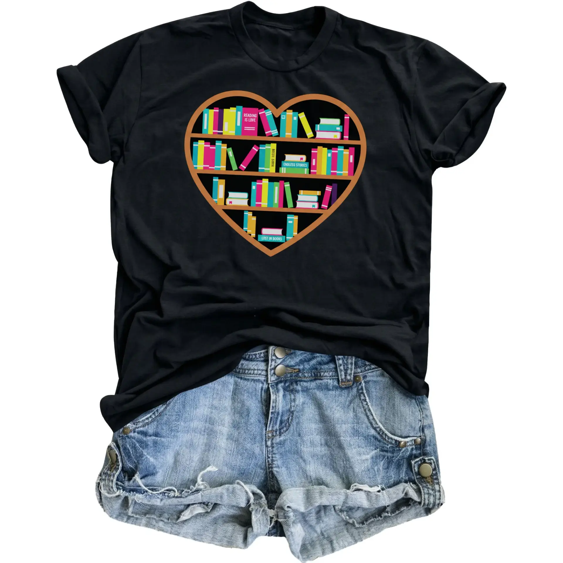 Graphic Tee Unisex Book Lover Heart Shaped Shelf Print Shirt Soft Cotton Casual Apparel for Literature Readers