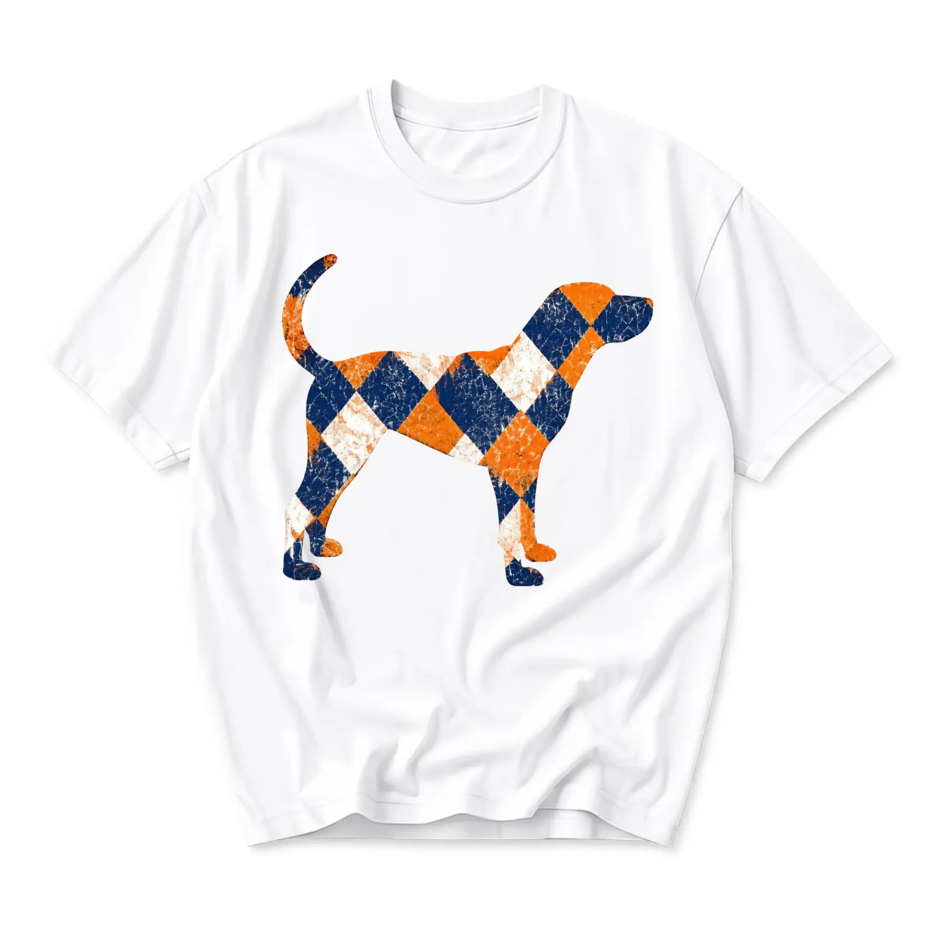 T-shirt Graphic Tee Featuring a Plaid Pattern Dog Silhouette in Orange and Blue for Casual Everyday Wear