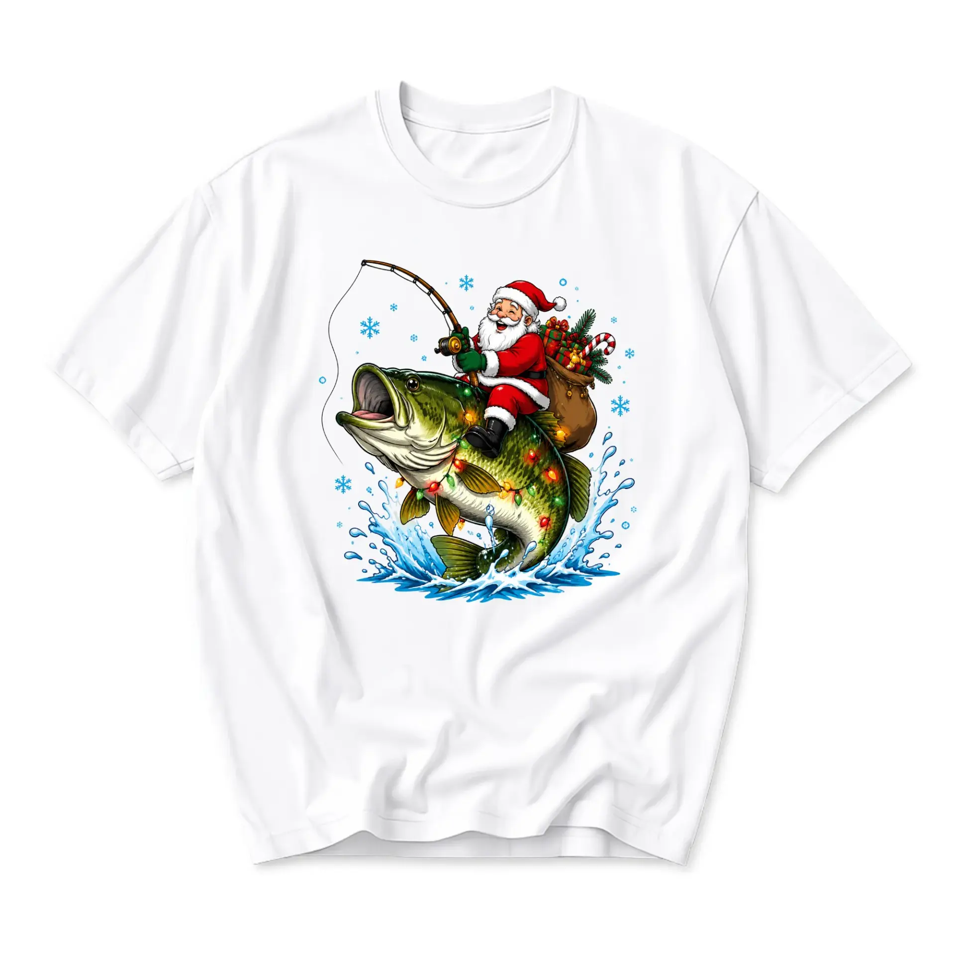 Funny Shirt Christmas Fishing Santa Graphic Tee Holiday Season Outdoor