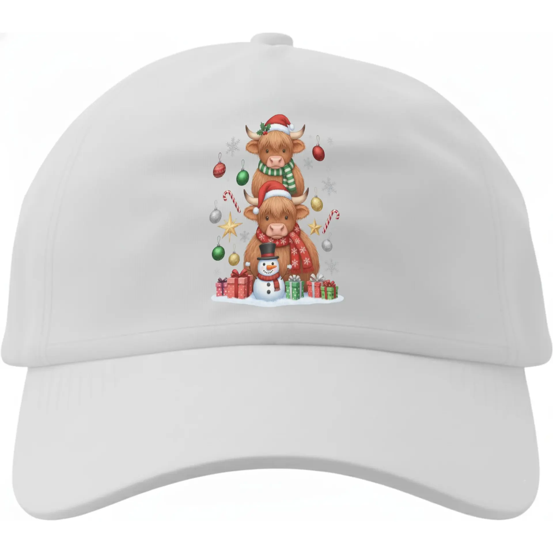 Baseball Cap Featuring Cute Highland Cows in Winter Attire with Holiday Decorations for a Seasonal Festive Look